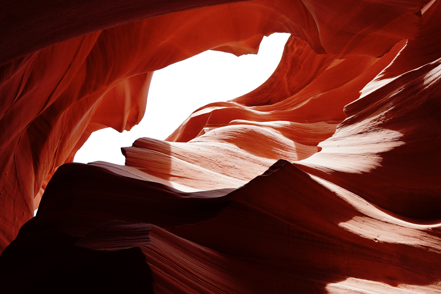 Looking up through Antelope Canyon slot canyon with glowing red rock walls and bright white sky opening.