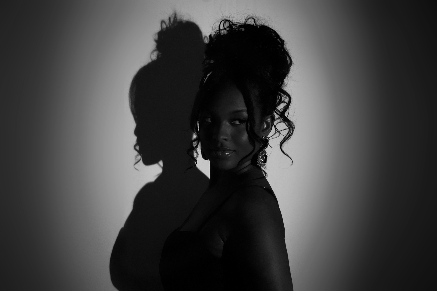 Black and white silhouette portrait of a woman with elegant updo hairstyle casting dramatic shadow on wall.