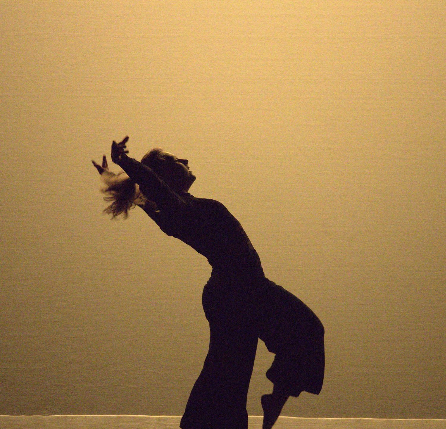 Dancing silhouettes perform expressive movements against golden sunset backdrop.