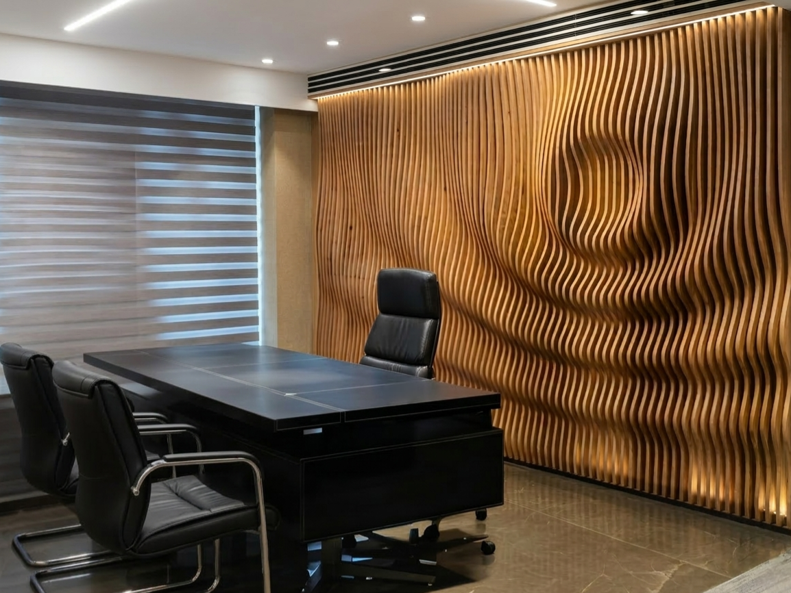 Corporate office space featuring curved wooden wall panels and modern black furniture. Parametric wall backdrop.