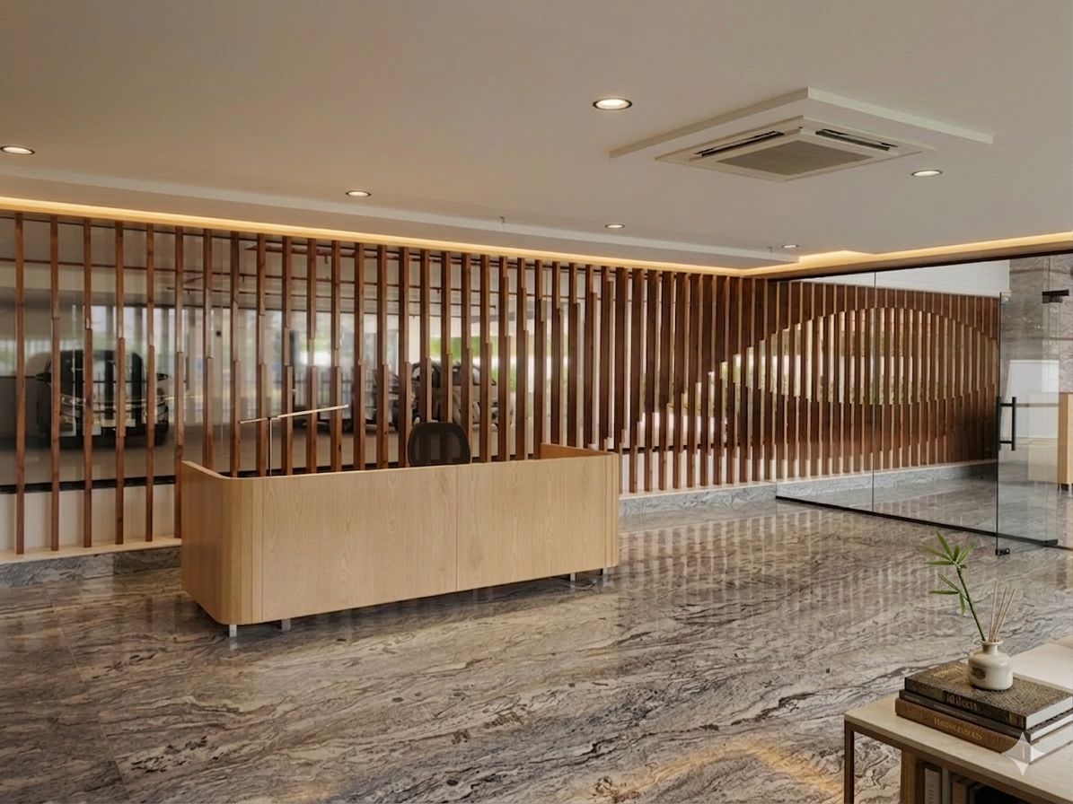 Modern office interior with wooden slat wall panels and polished marble floors creating an elegant minimalist design. parametric wall.