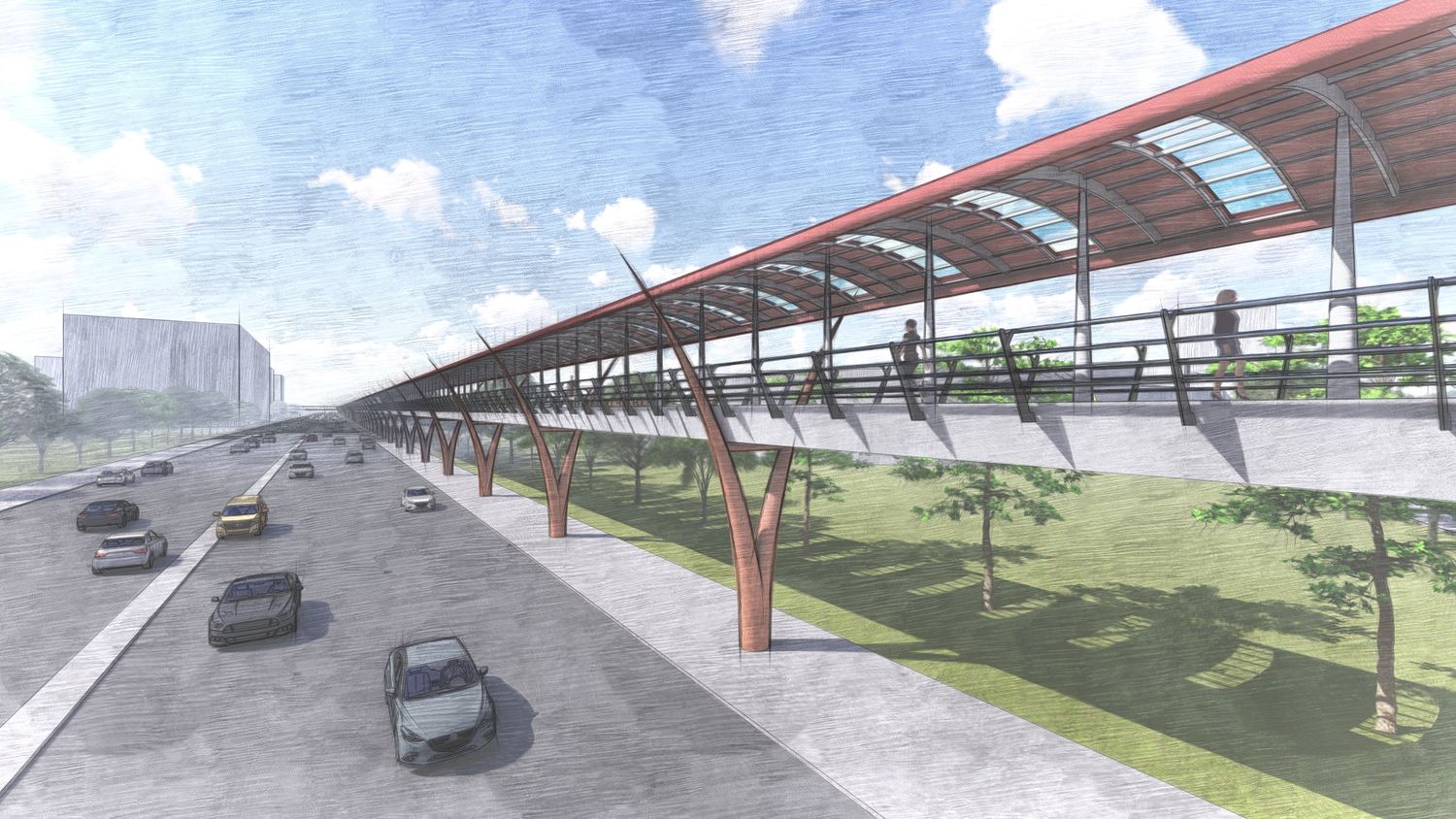 Aerial view of a parking area with covered walkways and landscaping under blue skies. pedestrian bridge.