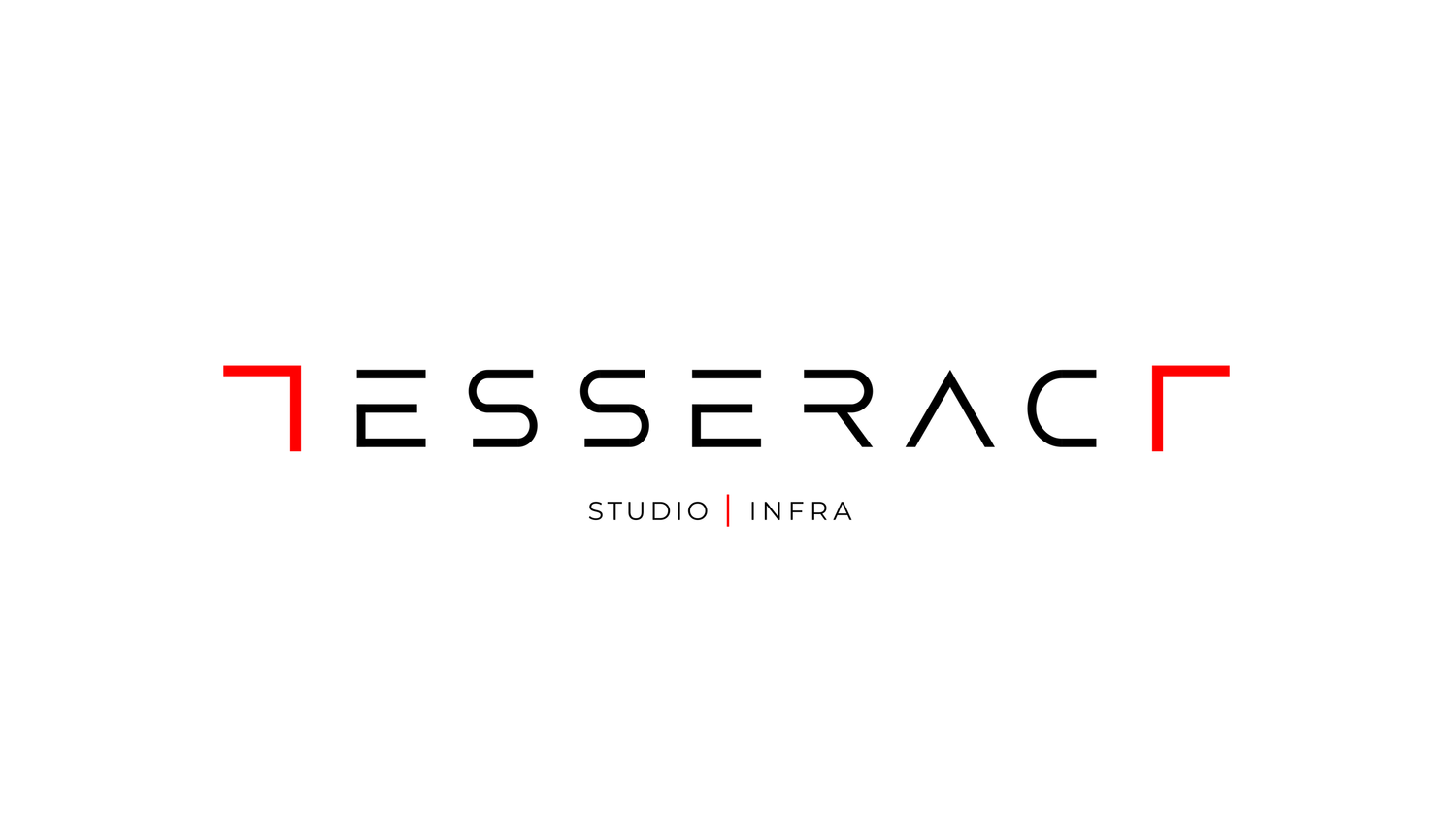 Minimalist logo design for Tesseract Studio featuring geometric typography in red and black.