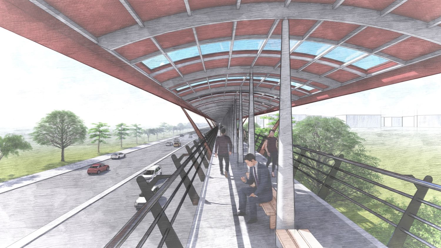 Panoramic view of a modern building exterior with covered walkways and landscaping. pedestrian bridge.
