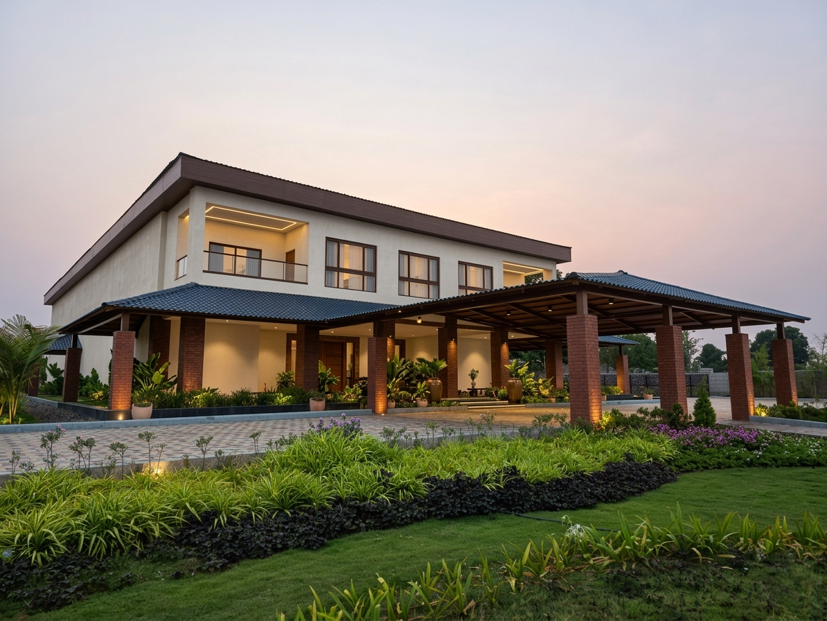 Contemporary building facade with manicured gardens and scenic mountain views.