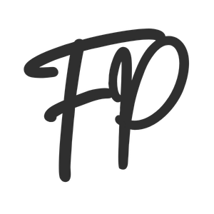 Handwritten FP monogram logo in dark gray brush script style on white background.