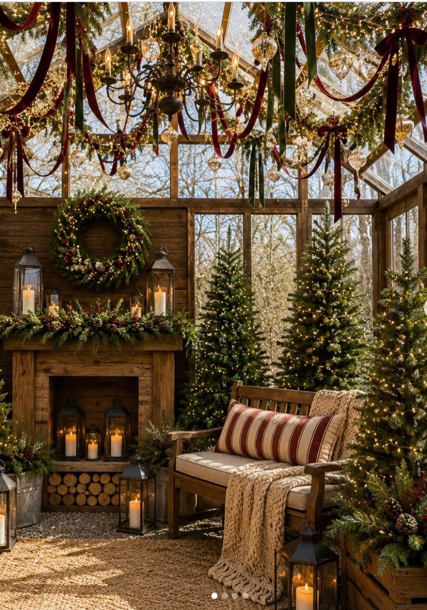 Cozy Christmas greenhouse with lit trees, garland chandelier, wreath, candle lanterns, and a wooden bench with striped pillow.