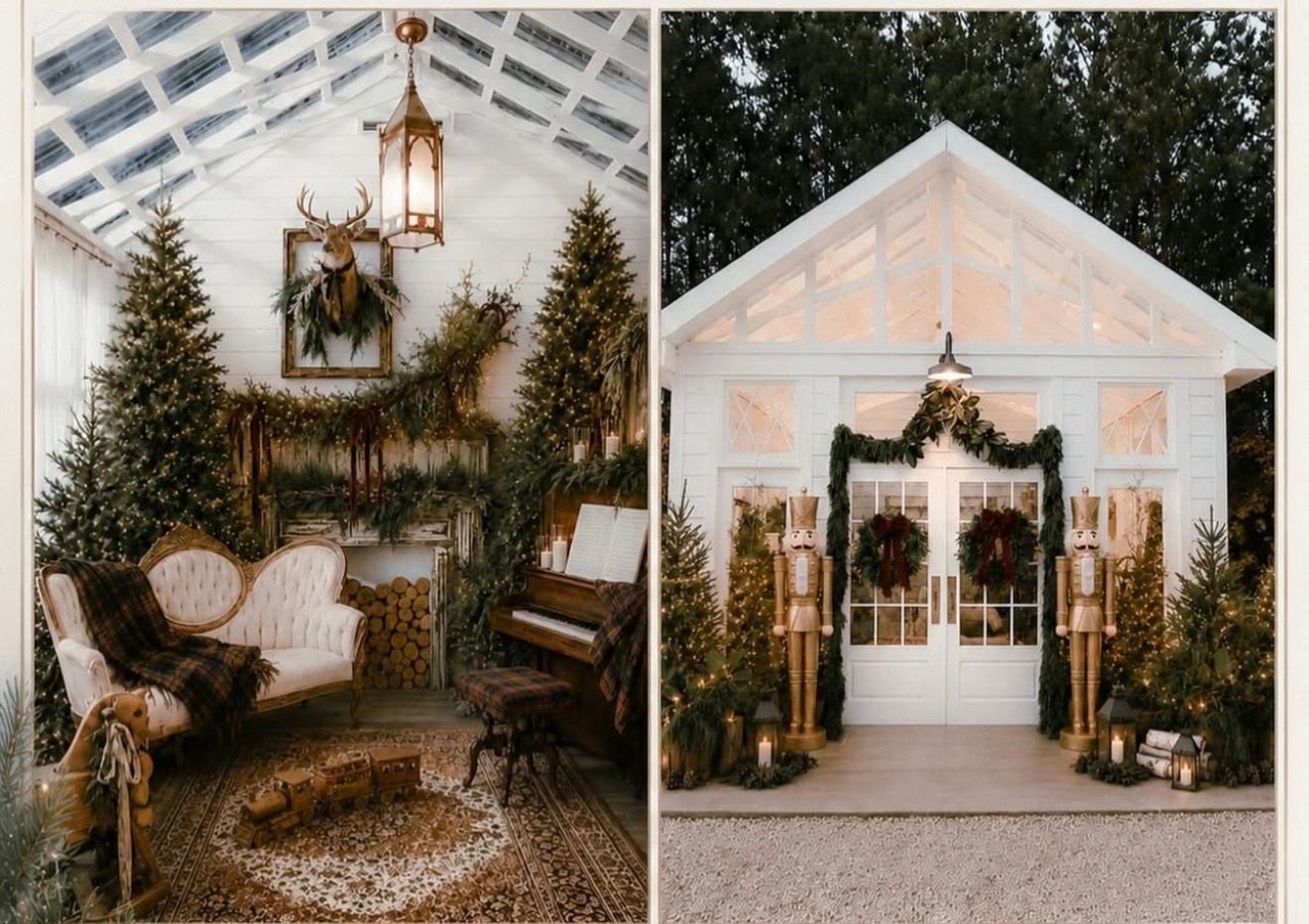 Cozy Christmas greenhouse interior with decorated trees, vintage sofa, and festive wreaths beside a white holiday cottage exterior.
