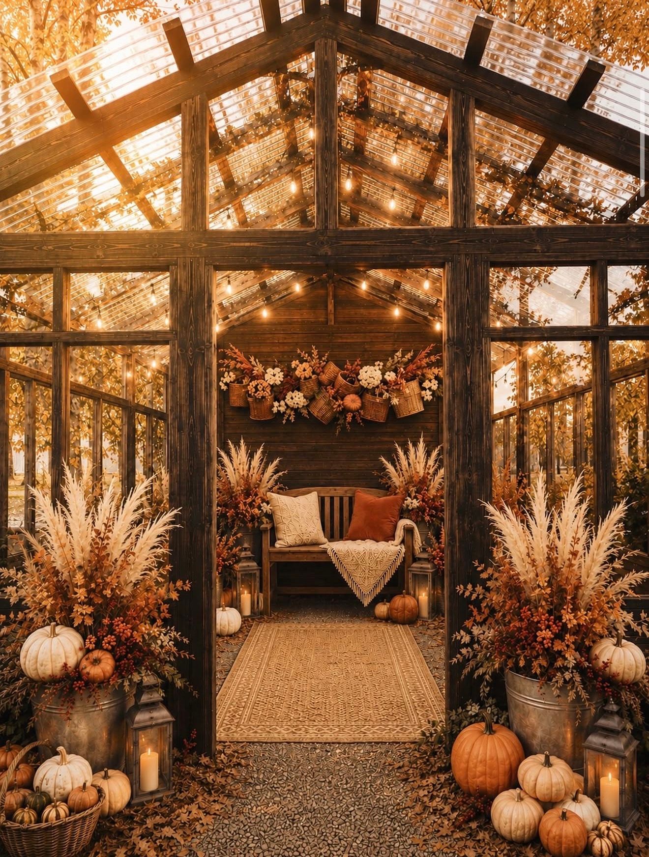 Cozy autumn greenhouse decorated with pumpkins, pampas grass, string lights, and fall florals in warm orange and gold tones.