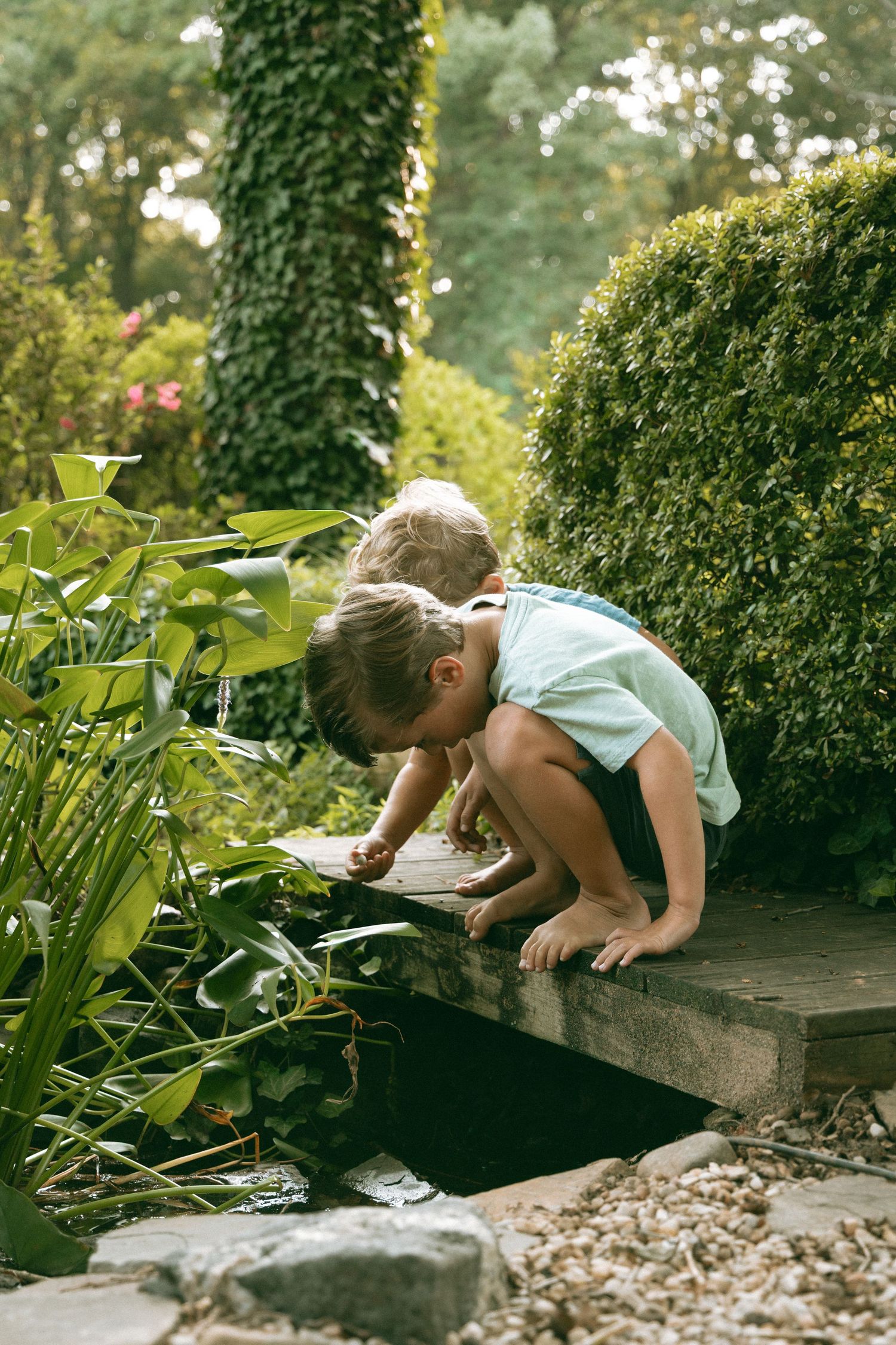 Two young children crouching by a garden pond, exploring nature among lush green plants and shrubs.
