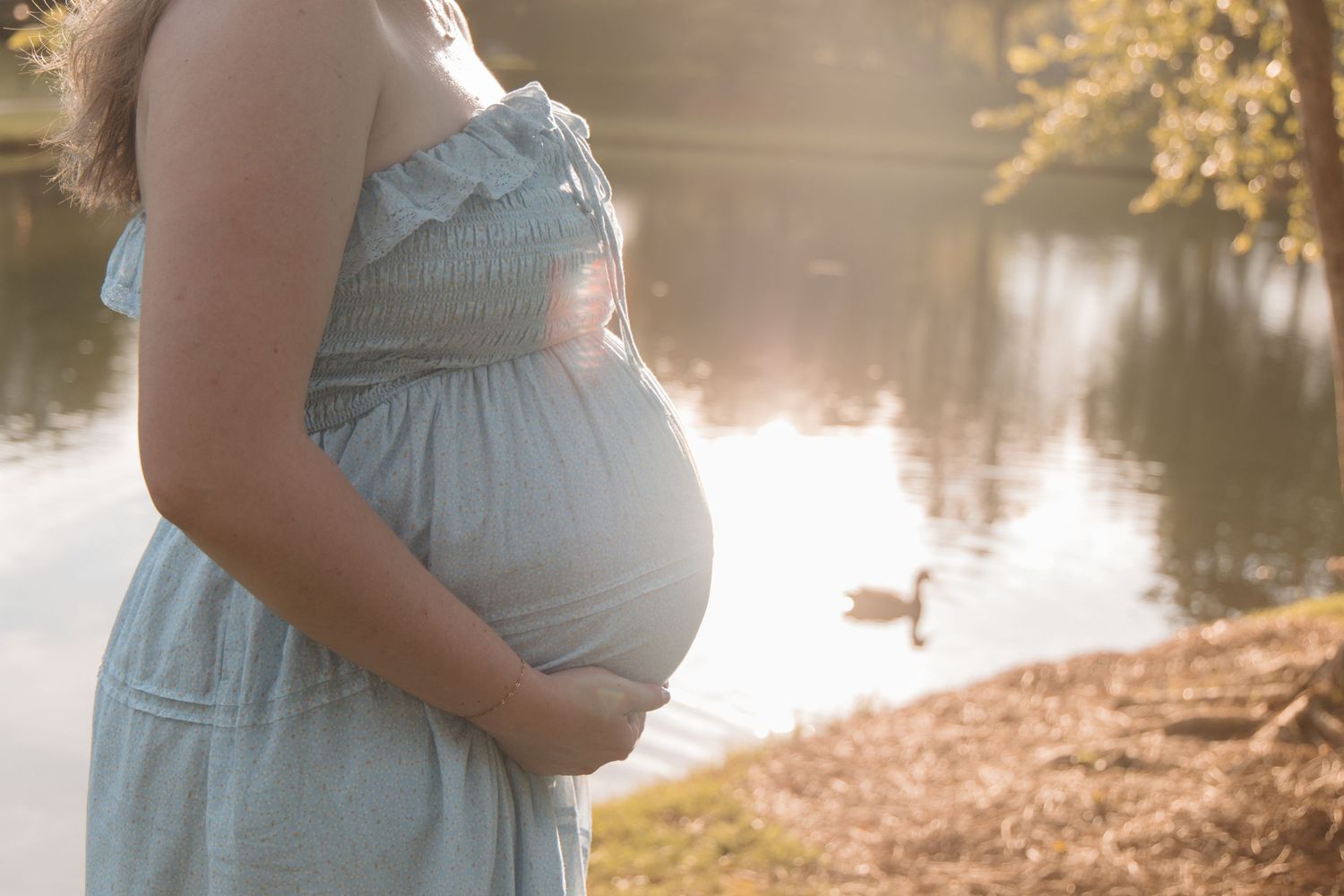 Pregnant woman in blue dress cradling her baby bump by a sunlit pond with a duck swimming nearby.