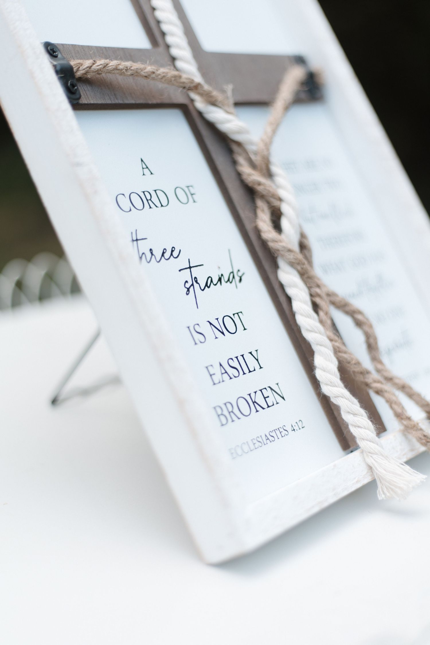 Framed Ecclesiastes 4:12 cord of three strands sign with cross and rope, a popular Christian wedding unity ceremony decoration.
