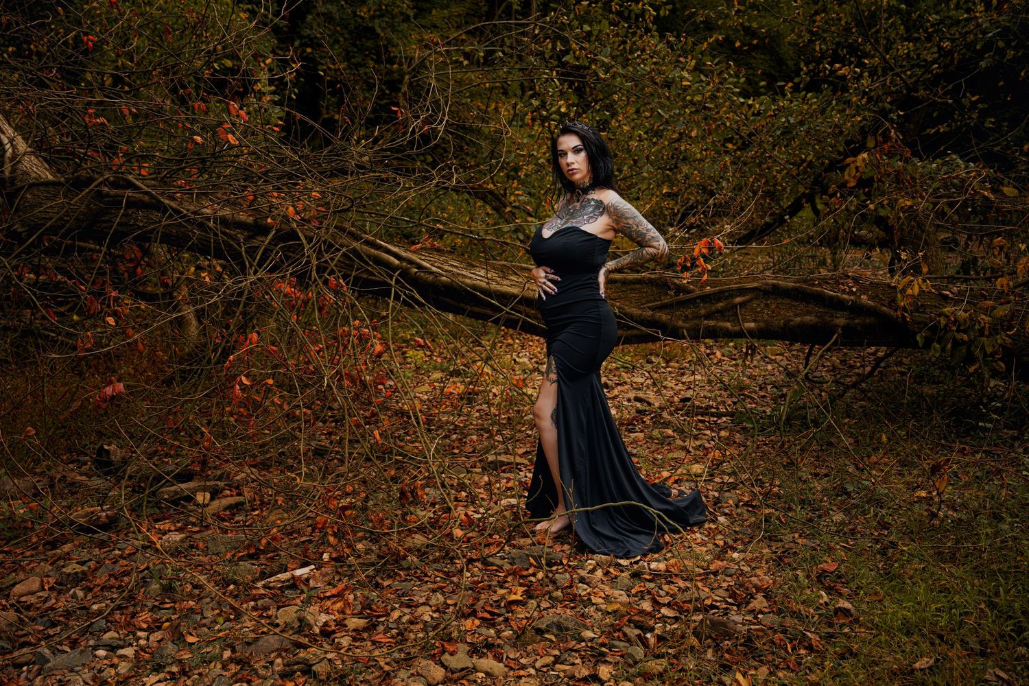 Woman in black gown with slit posing dramatically among autumn foliage and fallen branches.