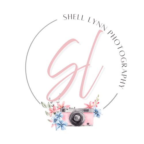 Shell Lynn Photography logo featuring pink script initials, a watercolor vintage camera, and delicate pink and blue floral accents.