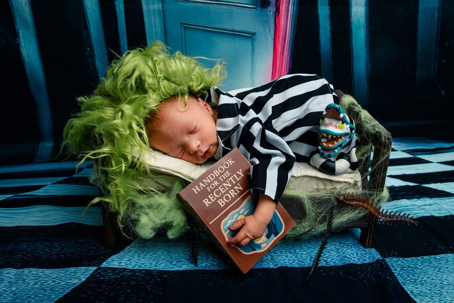 Newborn baby dressed in Beetlejuice costume sleeping on green feathers with Handbook for the Recently Deceased book.