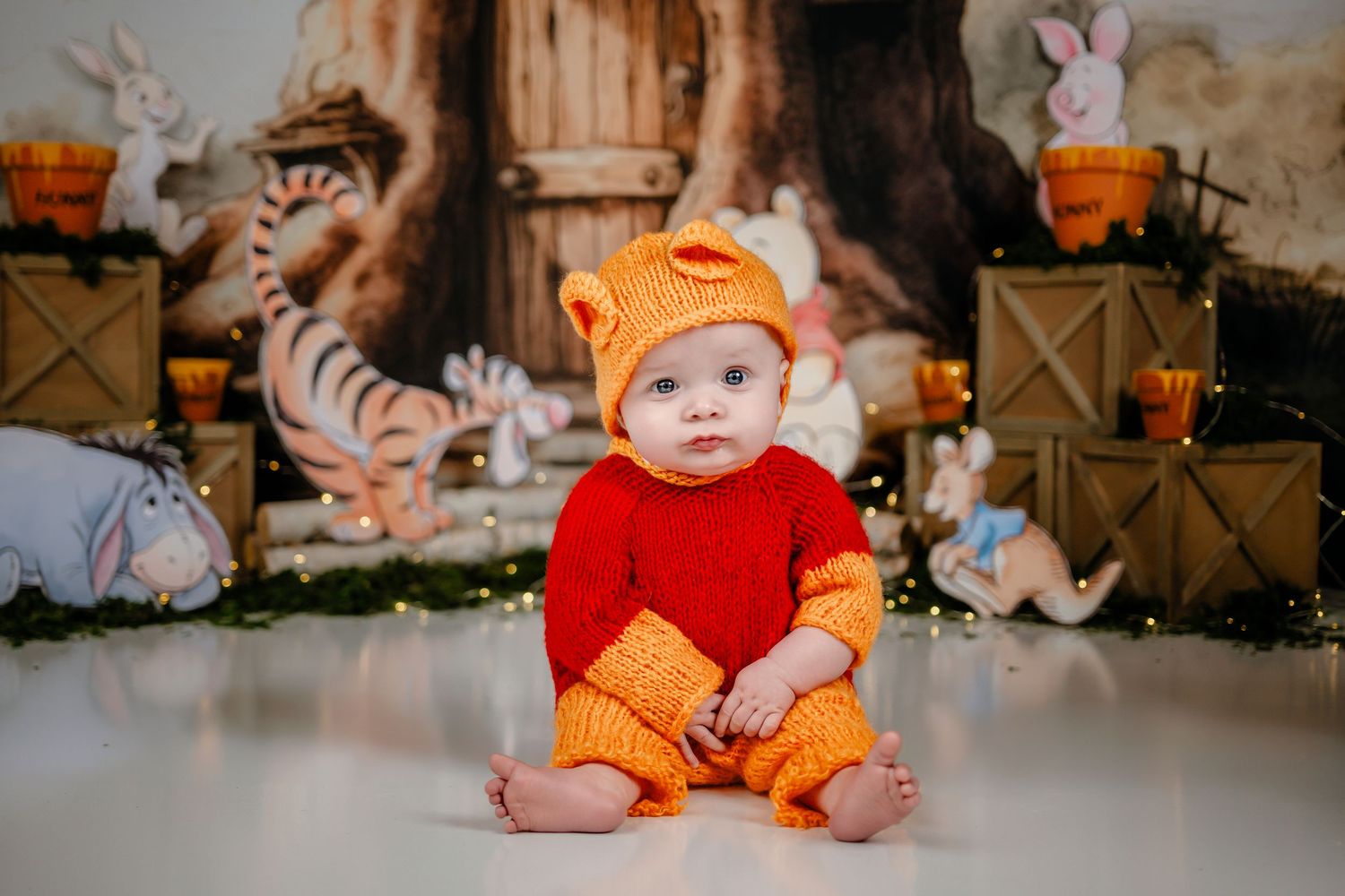 Baby in Winnie the Pooh knit costume sits before themed backdrop with stuffed animals.