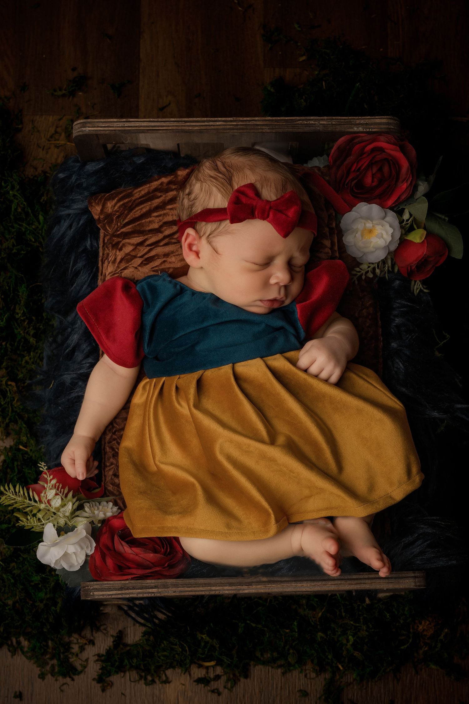 Newborn baby sleeping in Snow White costume with red bow headband, surrounded by red and white flowers.