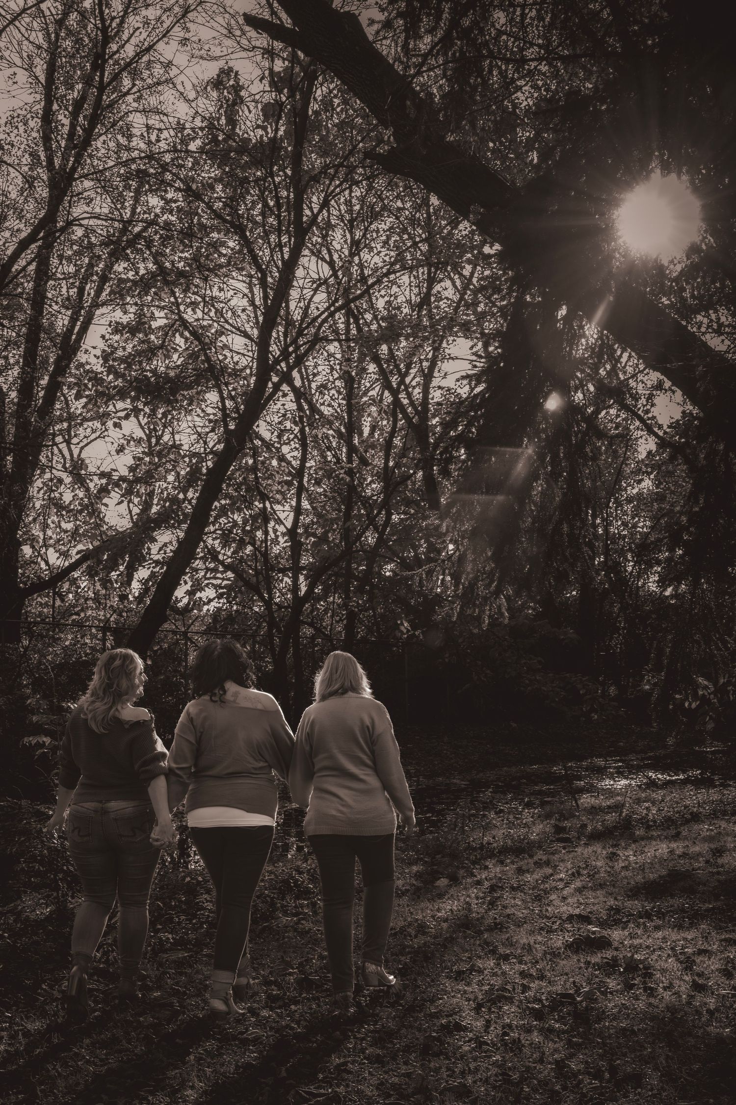 Three women walking together on a forest path in sepia tone, sunlight filtering through bare trees.