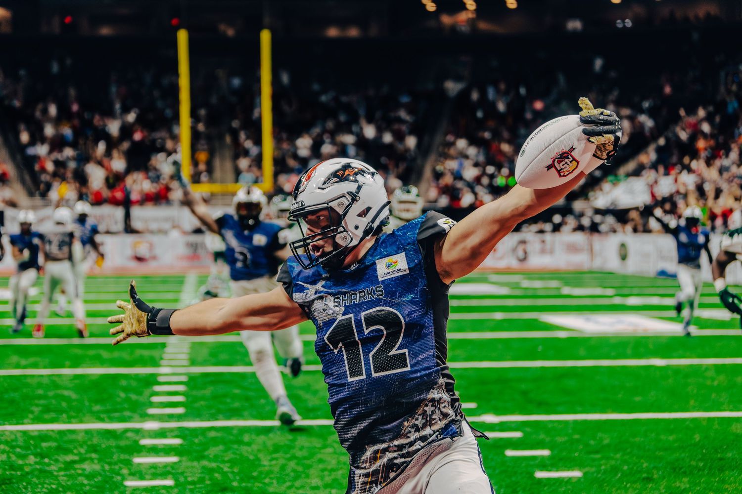 Football players in action during game on field with stadium crowd in background.
