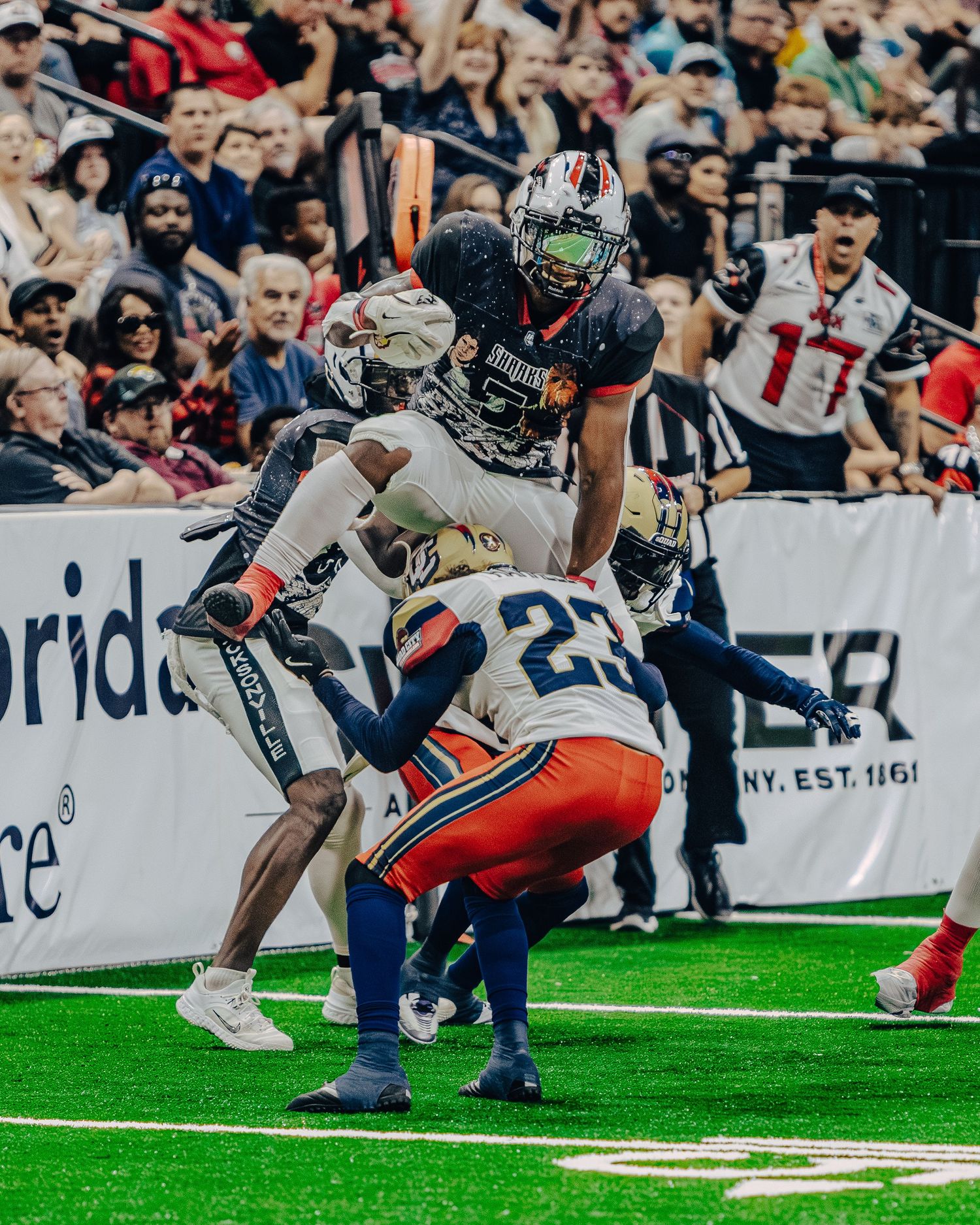 Football players collide in mid-air during an intense game with crowd in background.