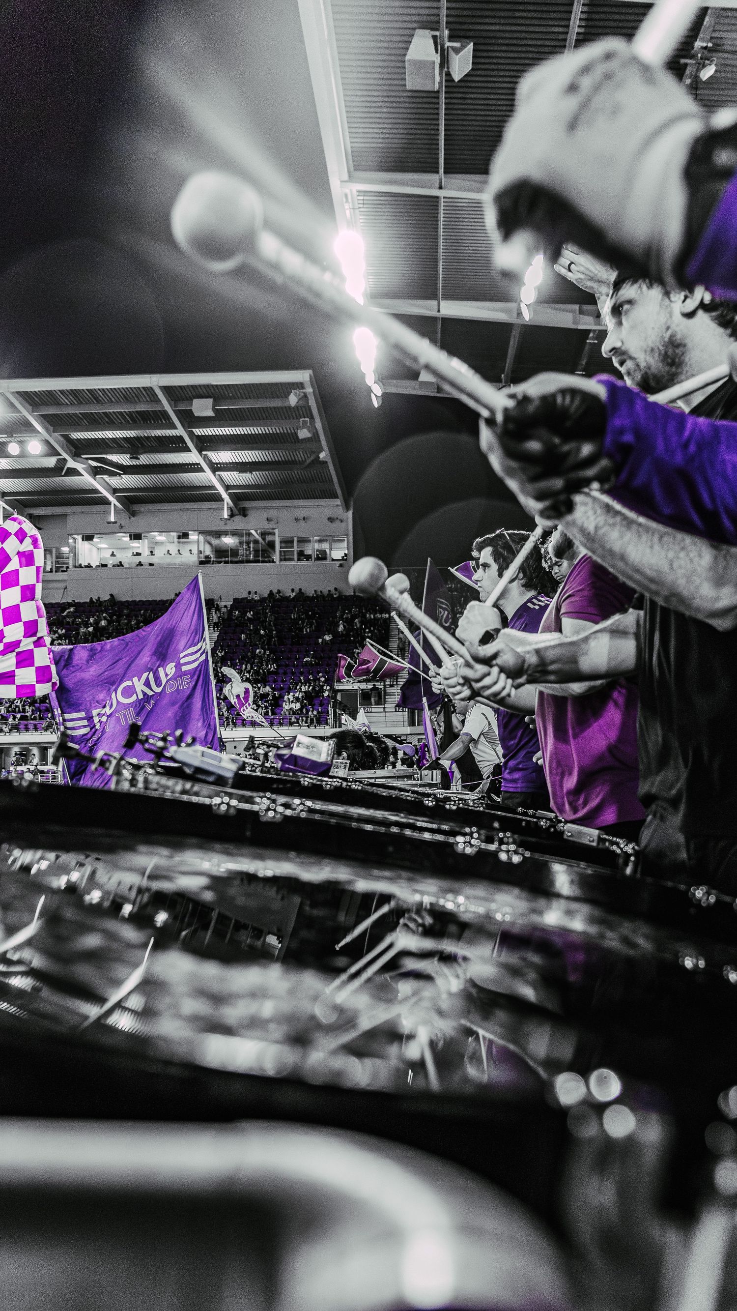 Black and white sports photography with purple accents showing crowd and stadium atmosphere.