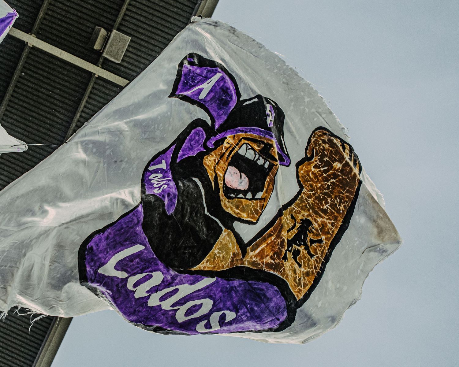 Purple and gold sports pennant flag waving against light background.