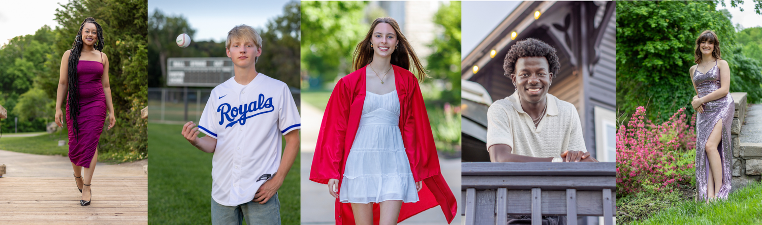Page header photo of several seniors highlighting different outfits appropriate for photos | Kansas City Northland Portrait Photographer