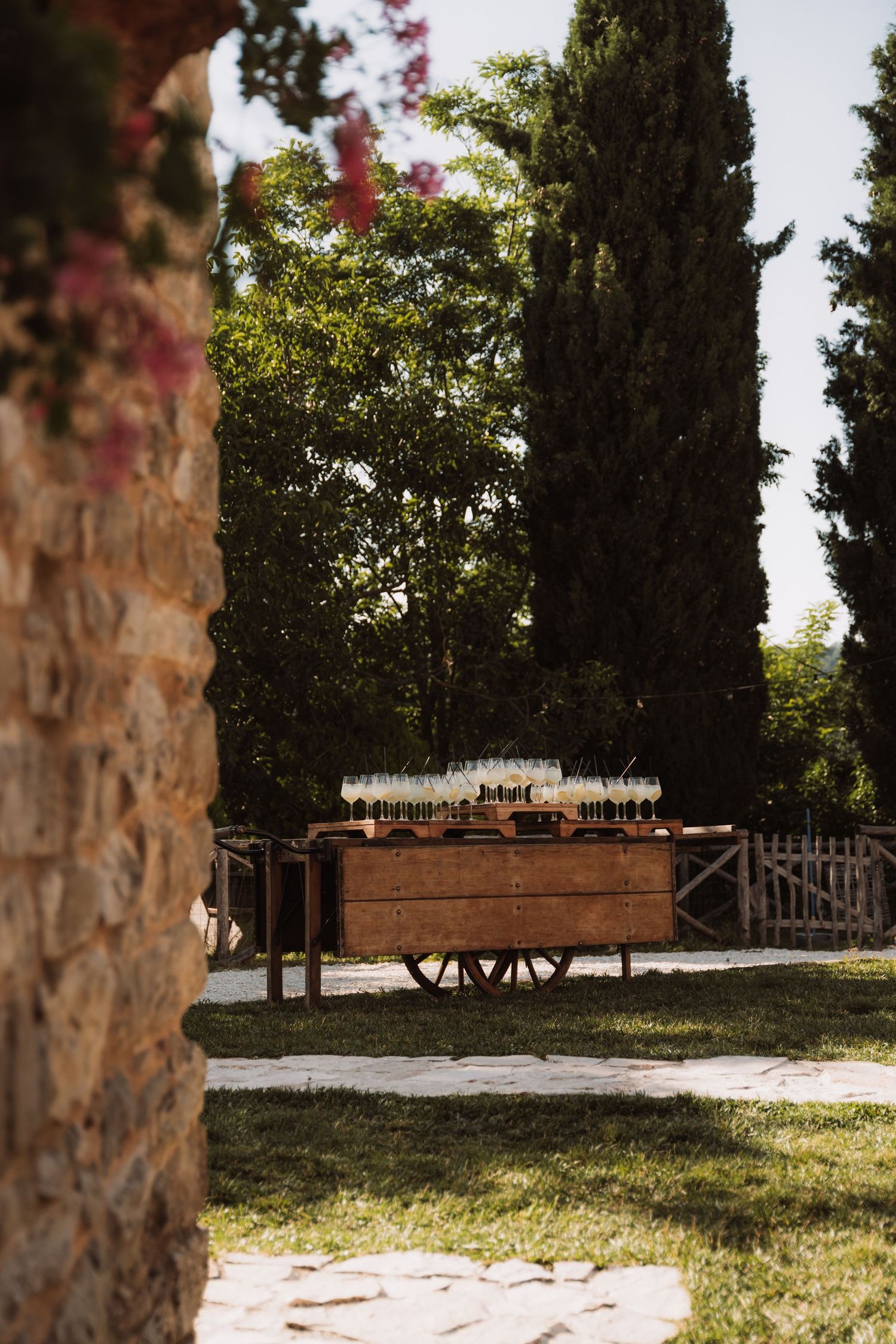 Rustic wooden wagon sits in a sunlit garden surrounded by cypress trees and scattered pink blossoms.