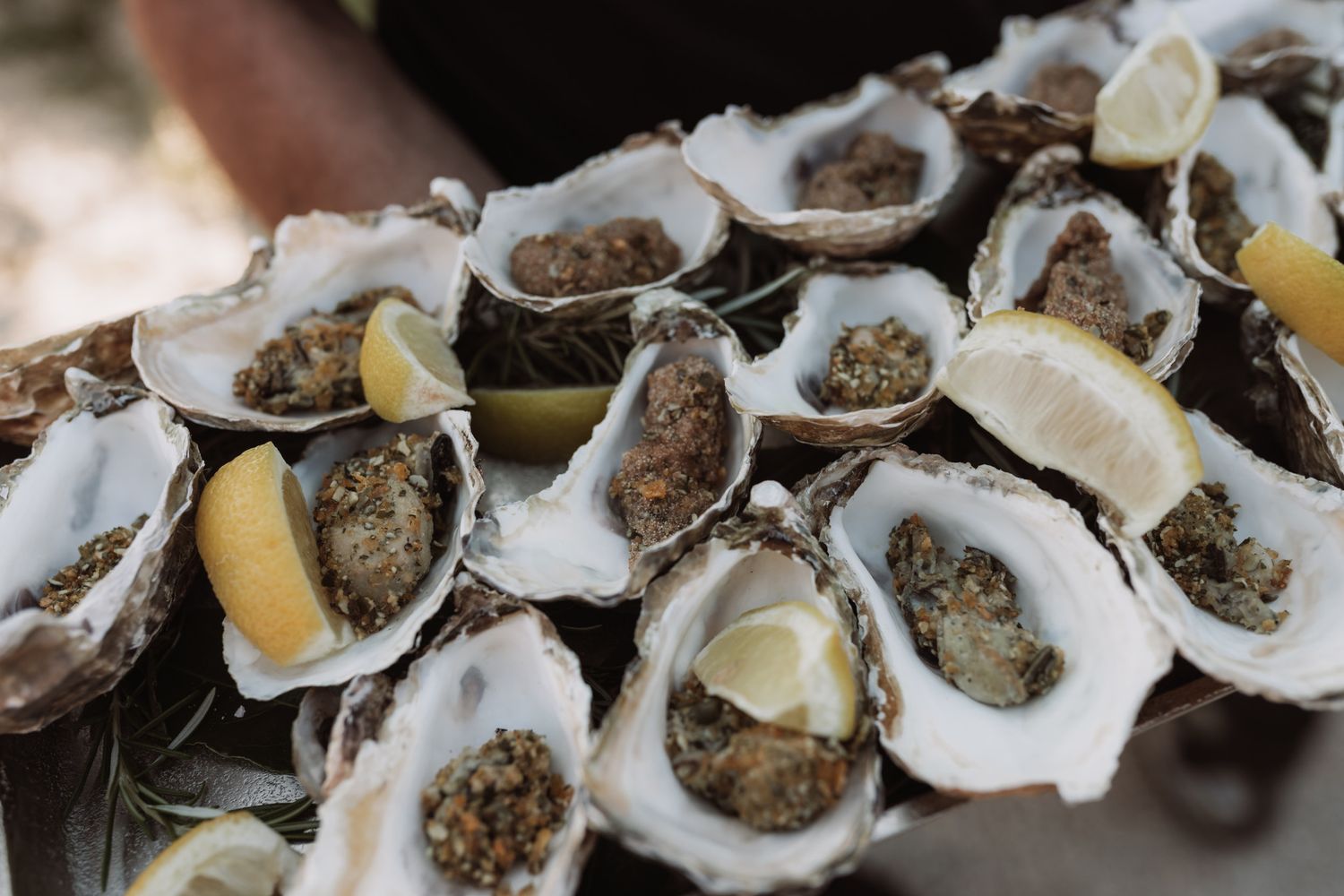 Fresh raw oysters on the half shell garnished with lemon wedges arranged on a serving platter.
