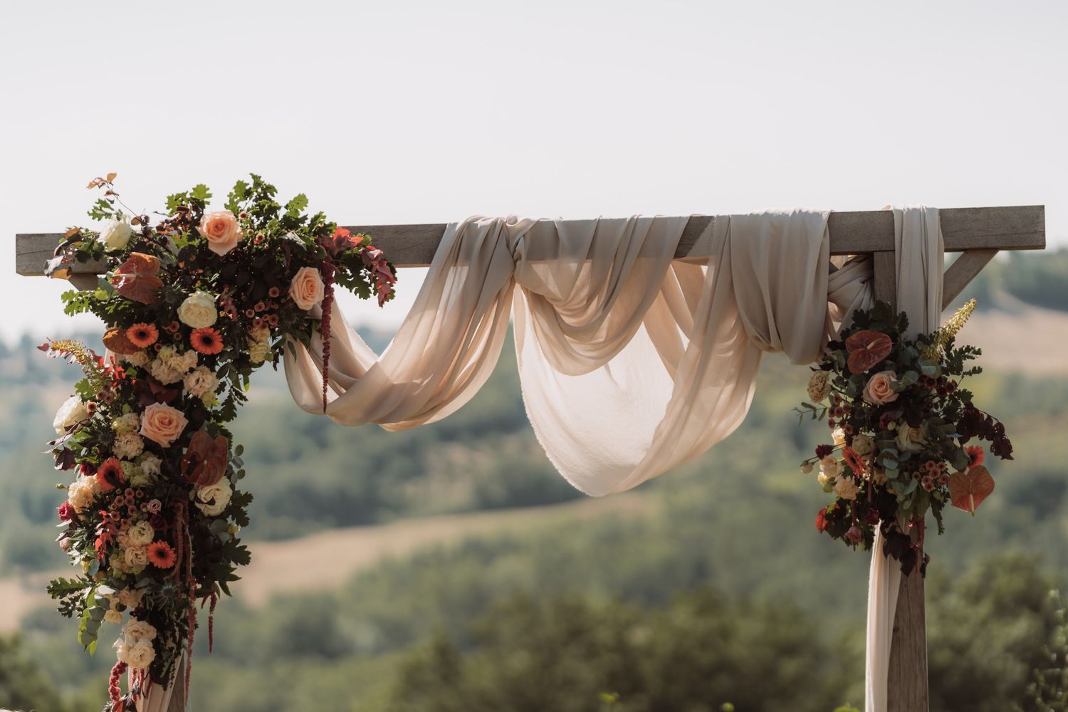 A rustic wooden wedding arch decorated with pink and peach roses and flowing fabric stands in an outdoor setting.