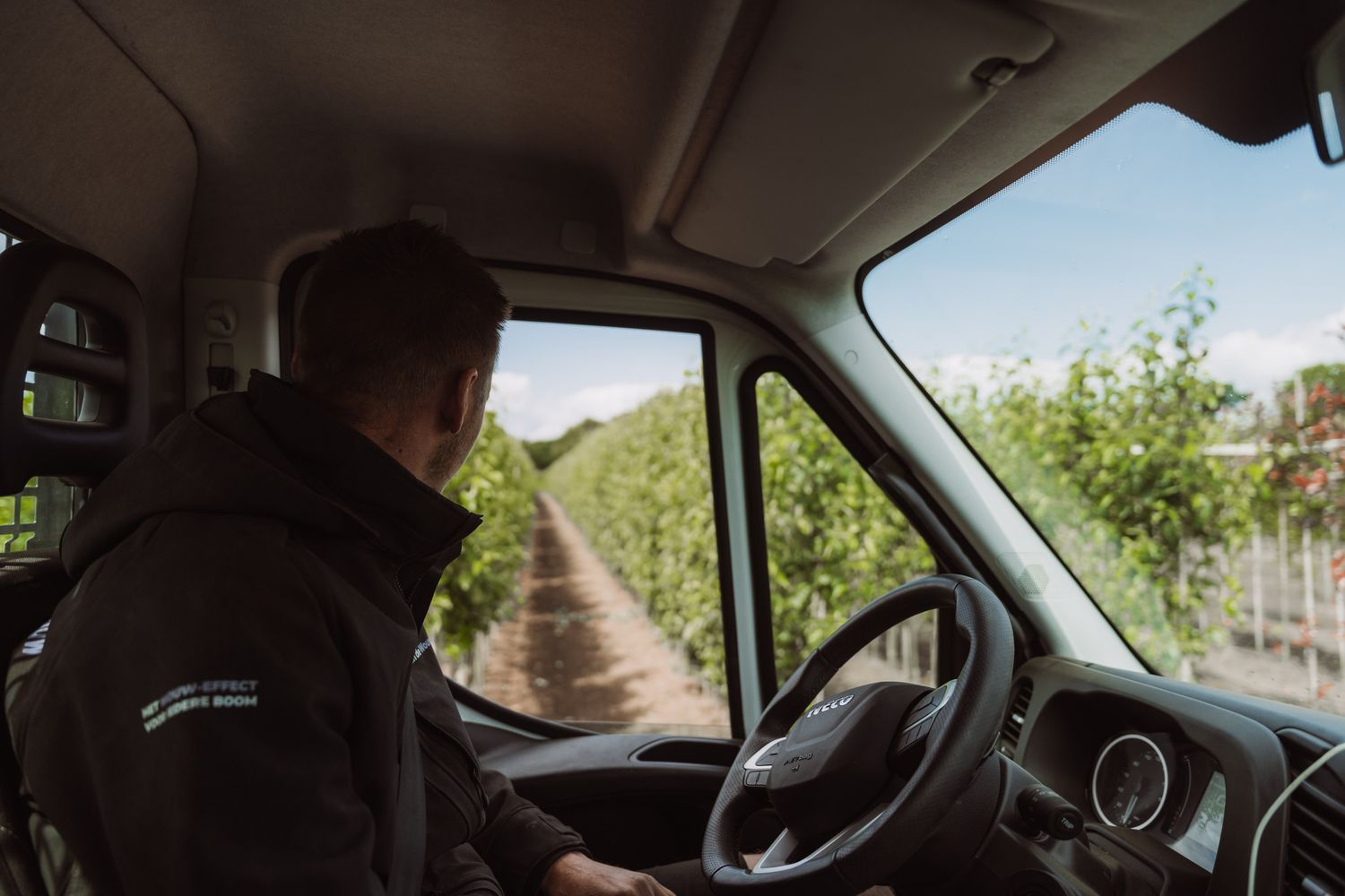 View of a vehicle dashboard while driving through an orchard.
