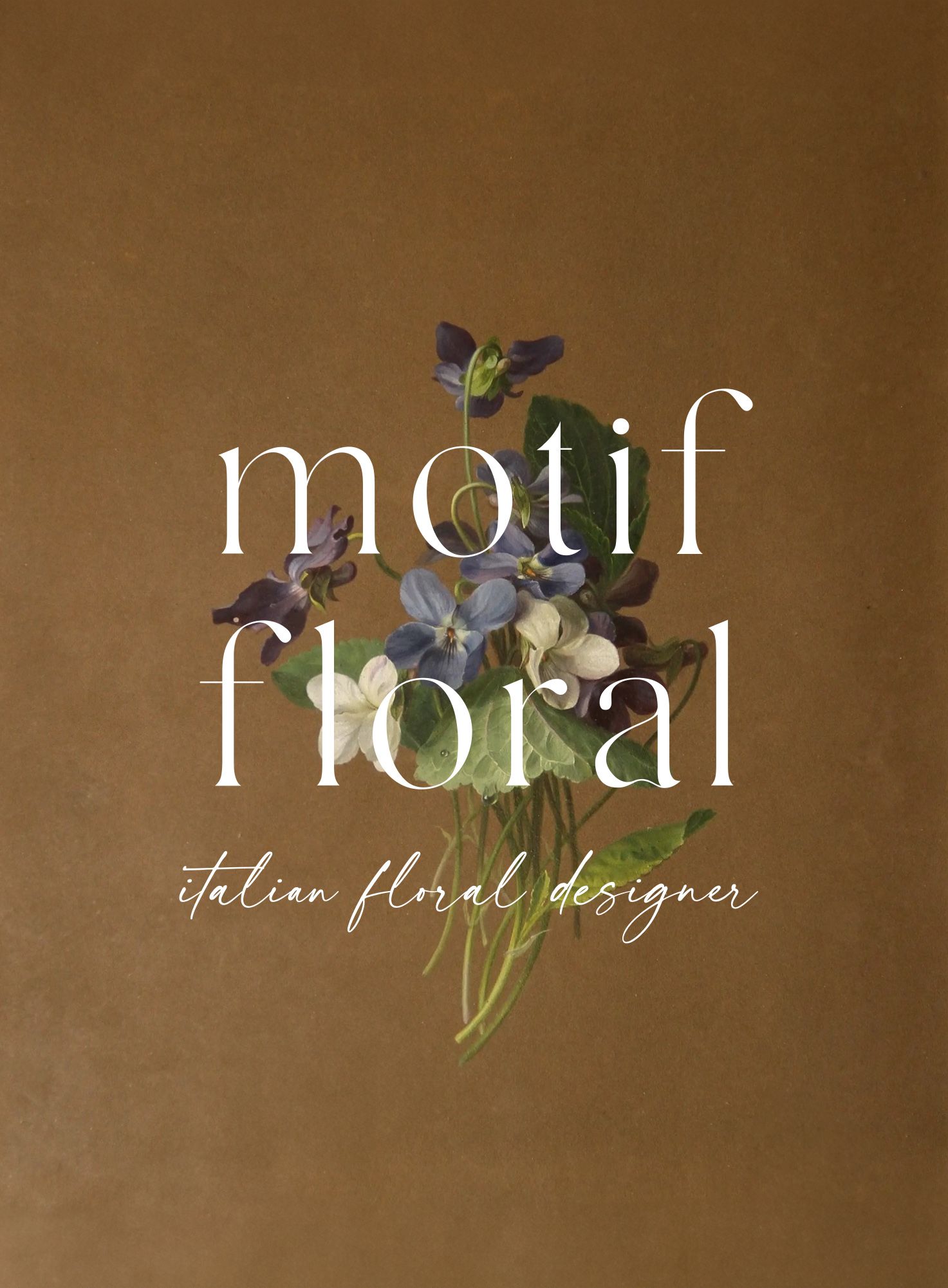Motif Floral logo design with delicate blue flowers on brown background.