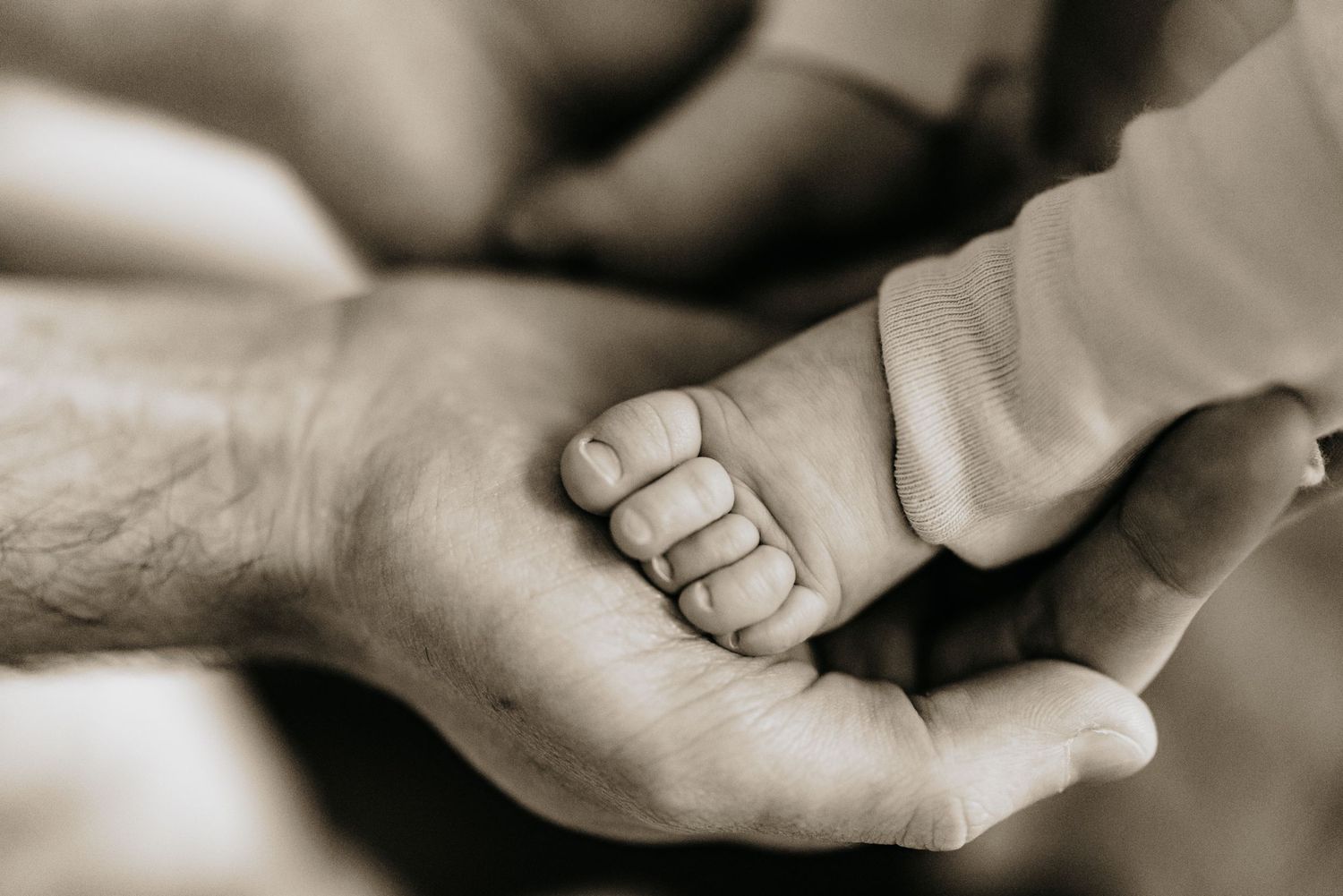 black & white image of a father cupping his newborn daughters tiny toes *capturing the little details*