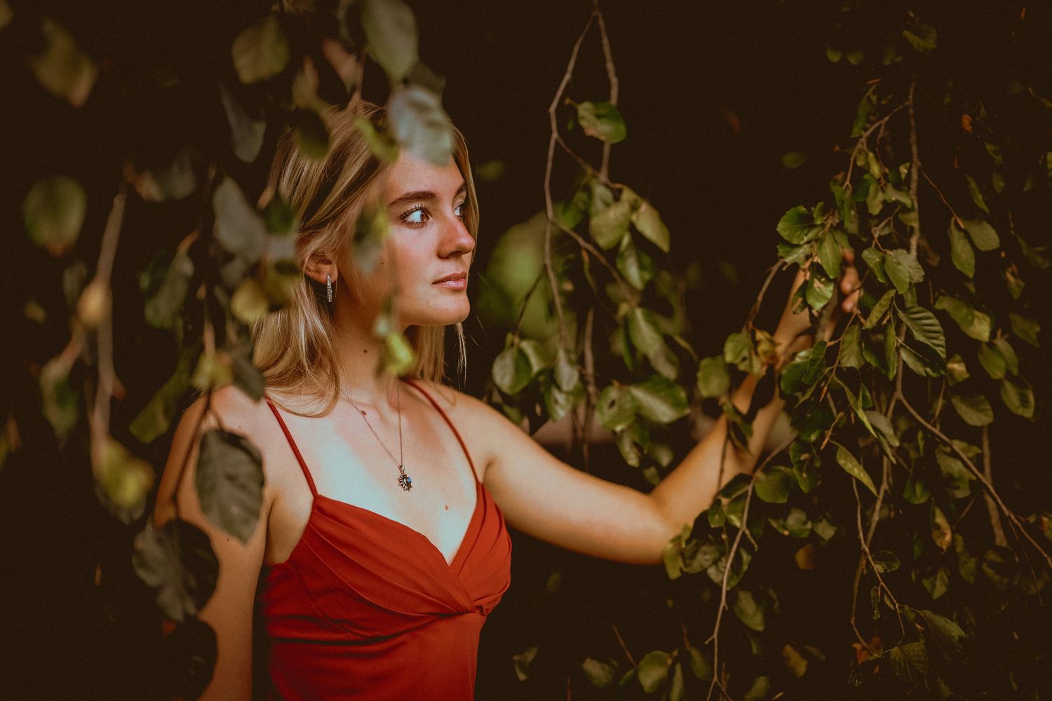 Woman in red dress posing elegantly against foliage in golden evening light. Senior Photo.