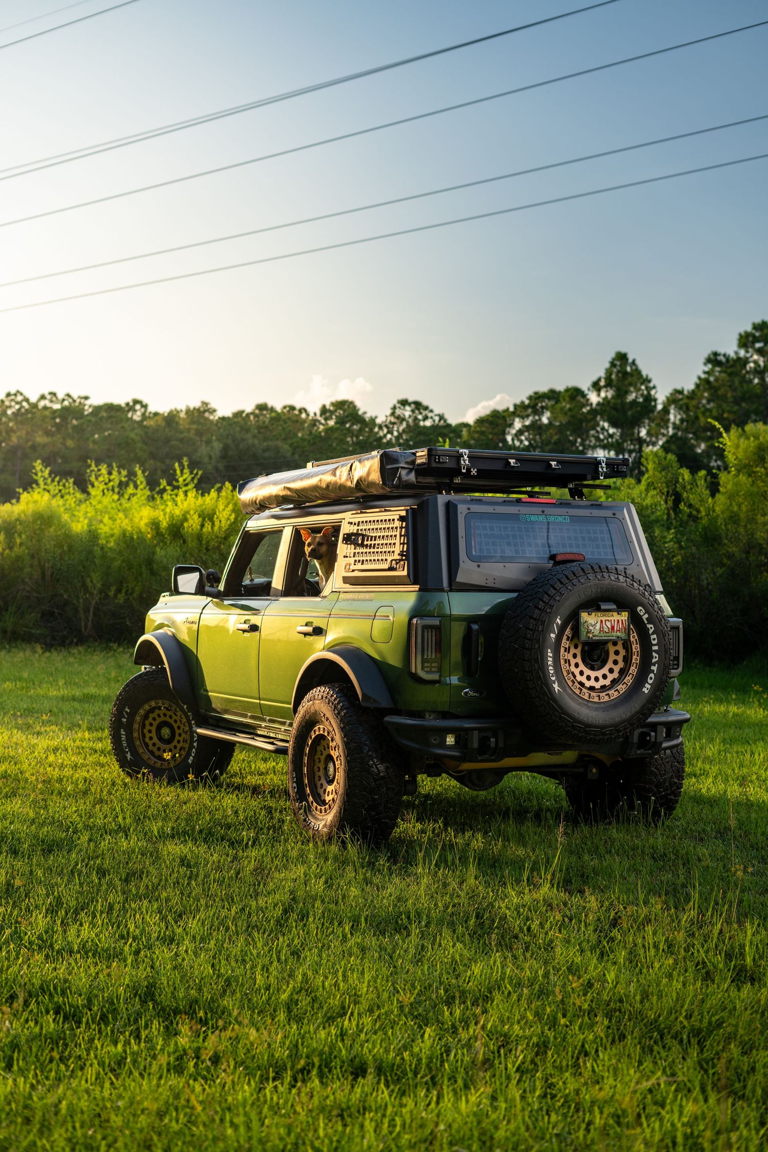 Green Ford Bronco with roof rack parked in grassy field under power lines at golden hour.