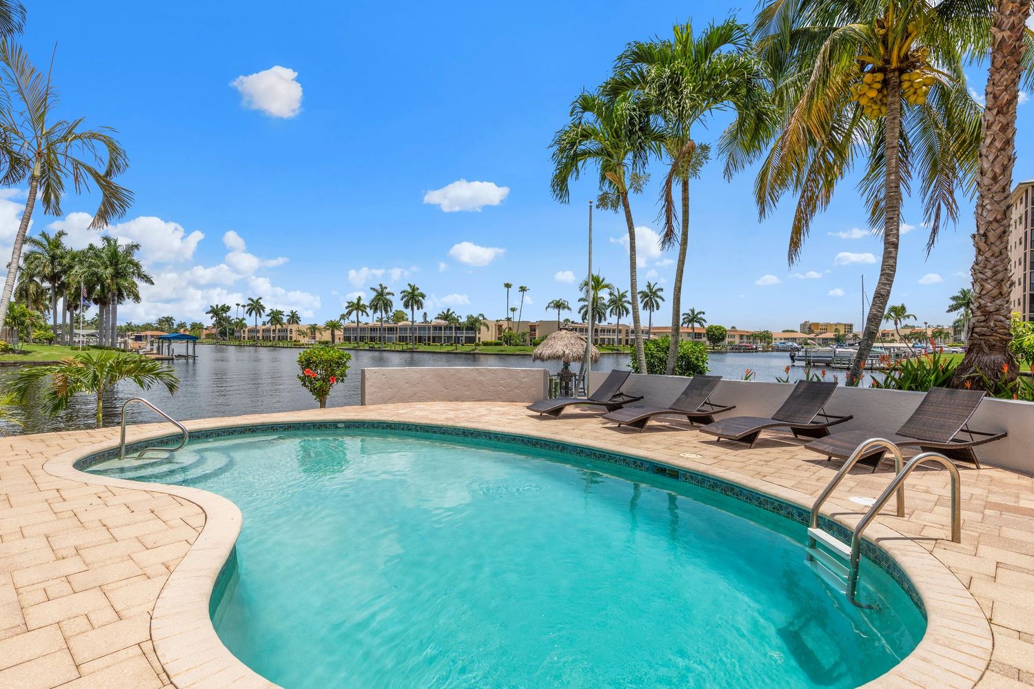 Panoramic view of a curved swimming pool with palm trees and lounge chairs along the tropical waterfront property.