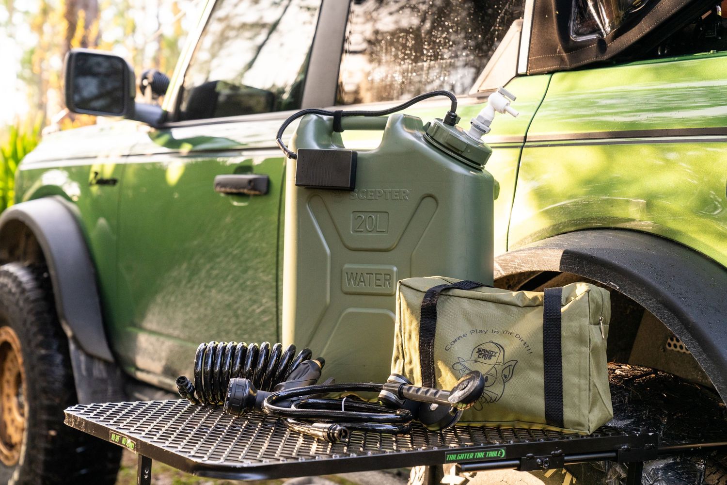 Close up details of rugged vehicle exterior components and accessories.