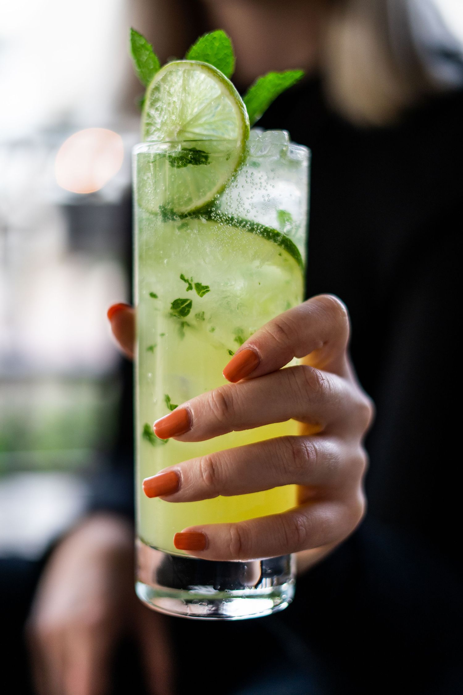 Hand holding a mojito cocktail garnished with fresh lime and mint leaves in a clear glass.