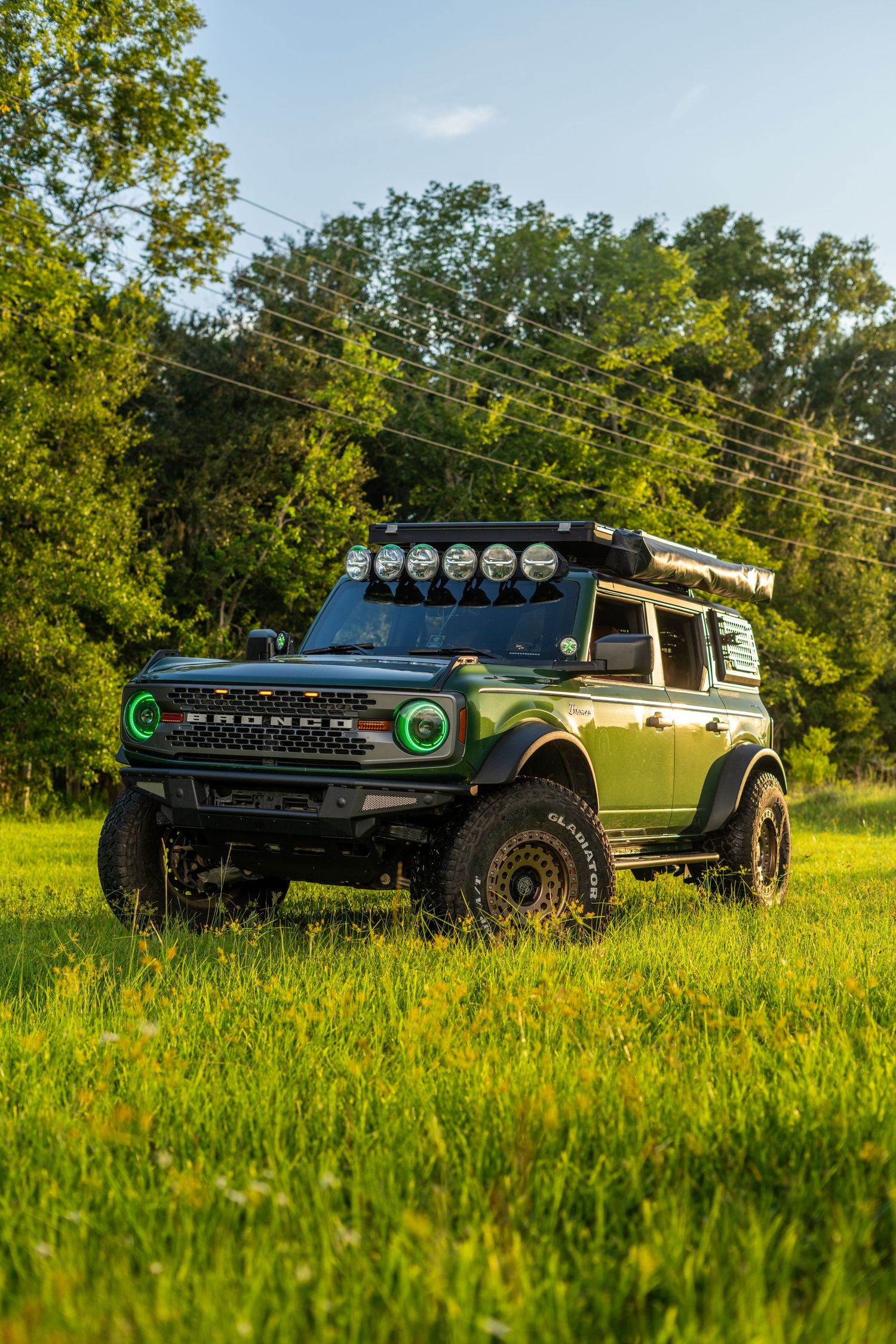 Modified green Ford Bronco with auxiliary lights displayed in sunny meadow with trees in background.