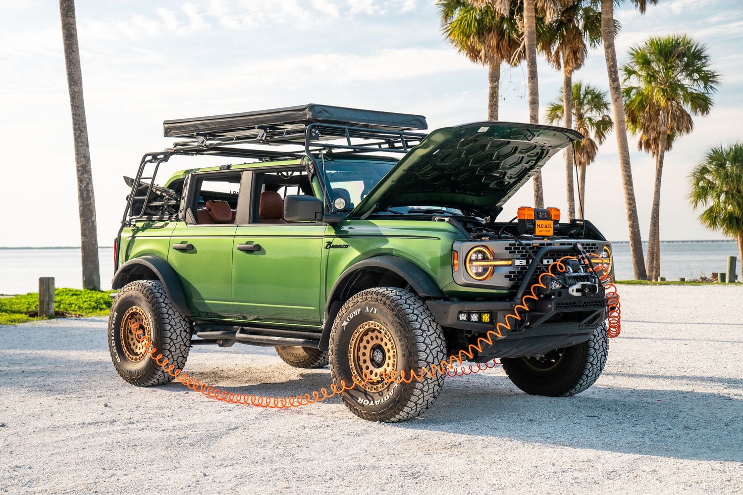 Green off-road vehicle with rugged tires and lift kit parked on sandy beach with palm trees in background.