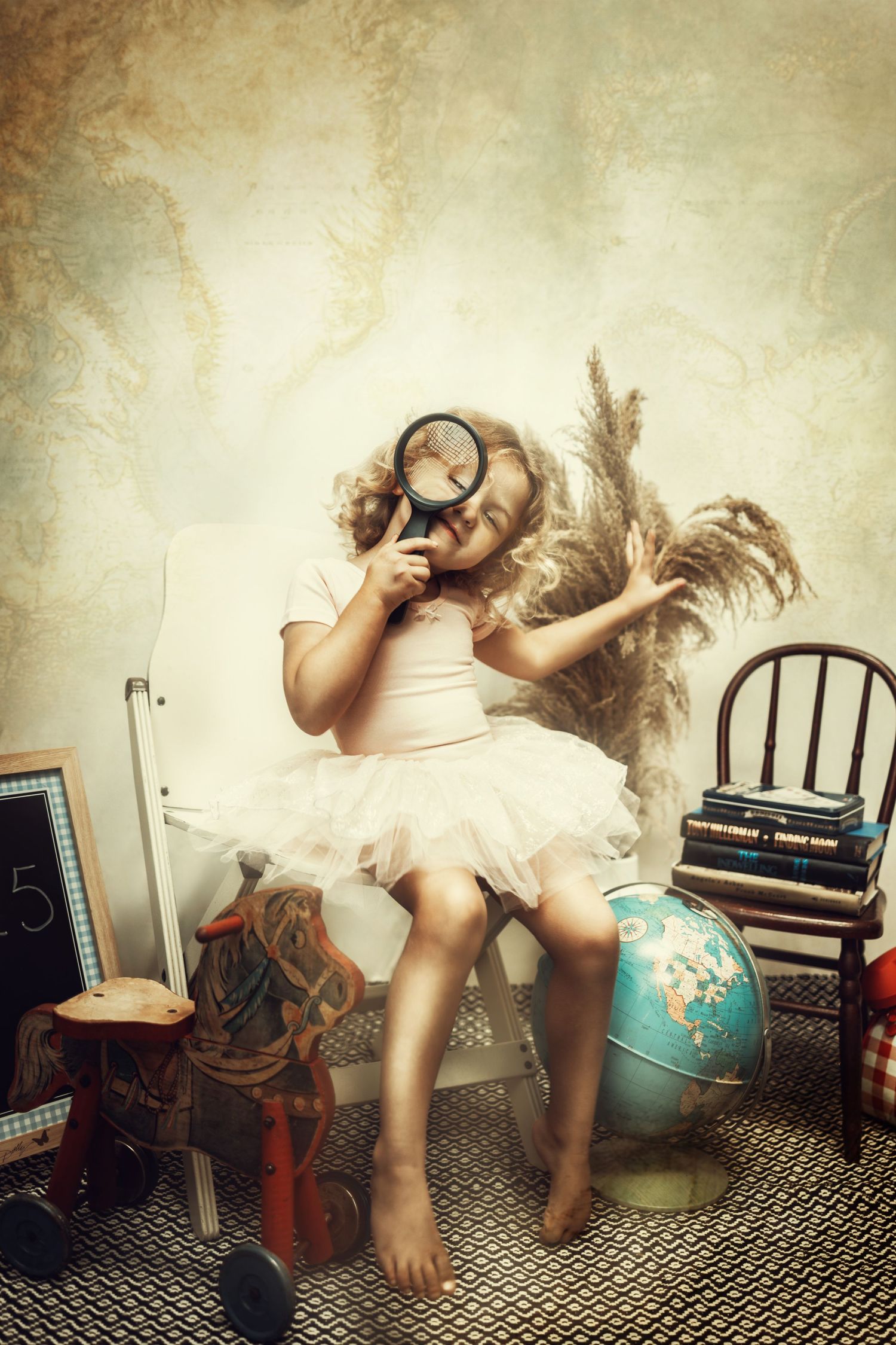 Sequential art showing playful movement across a vintage-styled room with musical instruments.