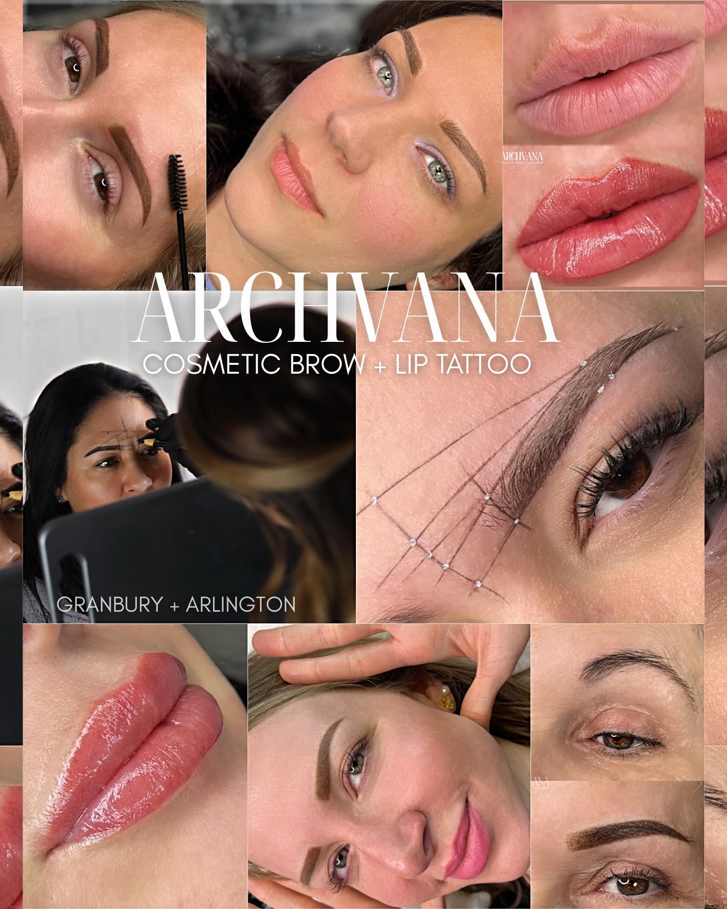 Close-up collage of cosmetic brow tattoos and lip enhancement procedures showing before and after results.