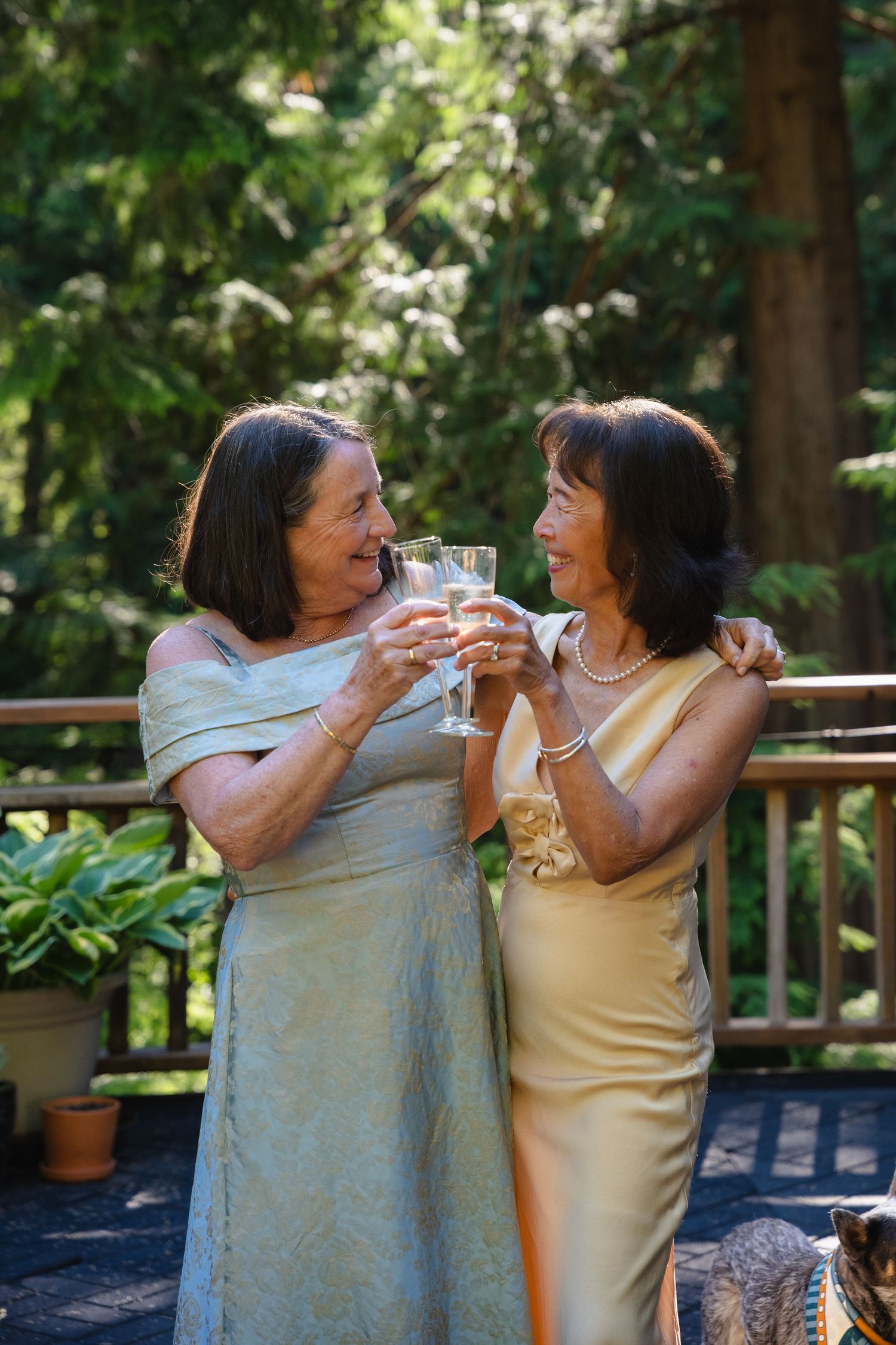 Two elegantly dressed women toasting with champagne glasses on an outdoor deck surrounded by trees.