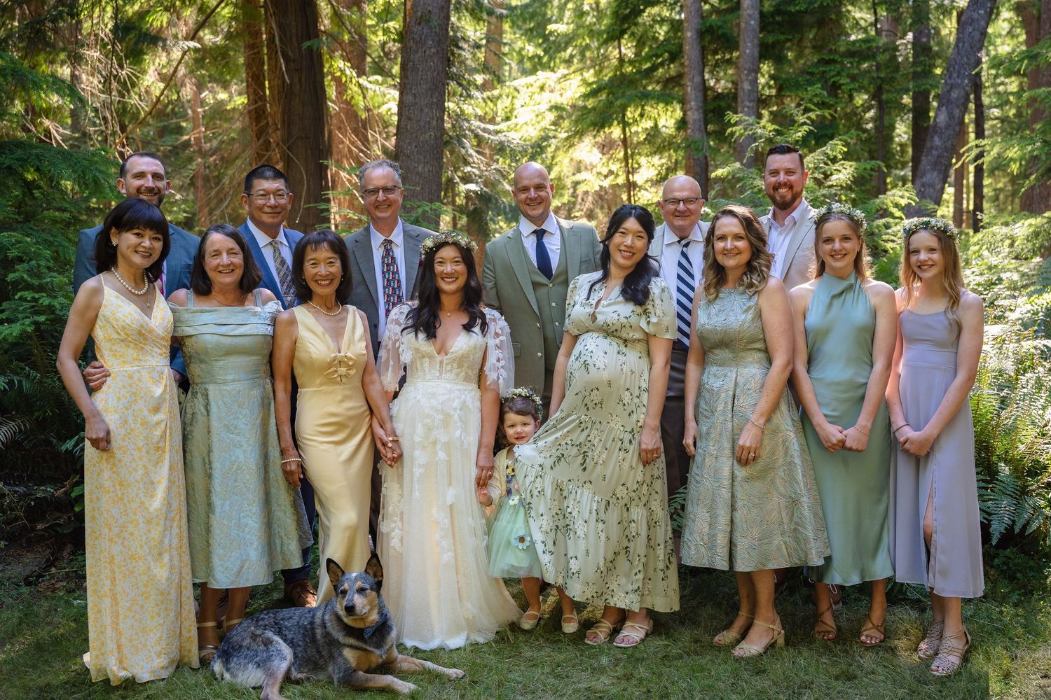 Wedding party group photo in forest setting with bride, groom, bridesmaids, groomsmen, and a dog.