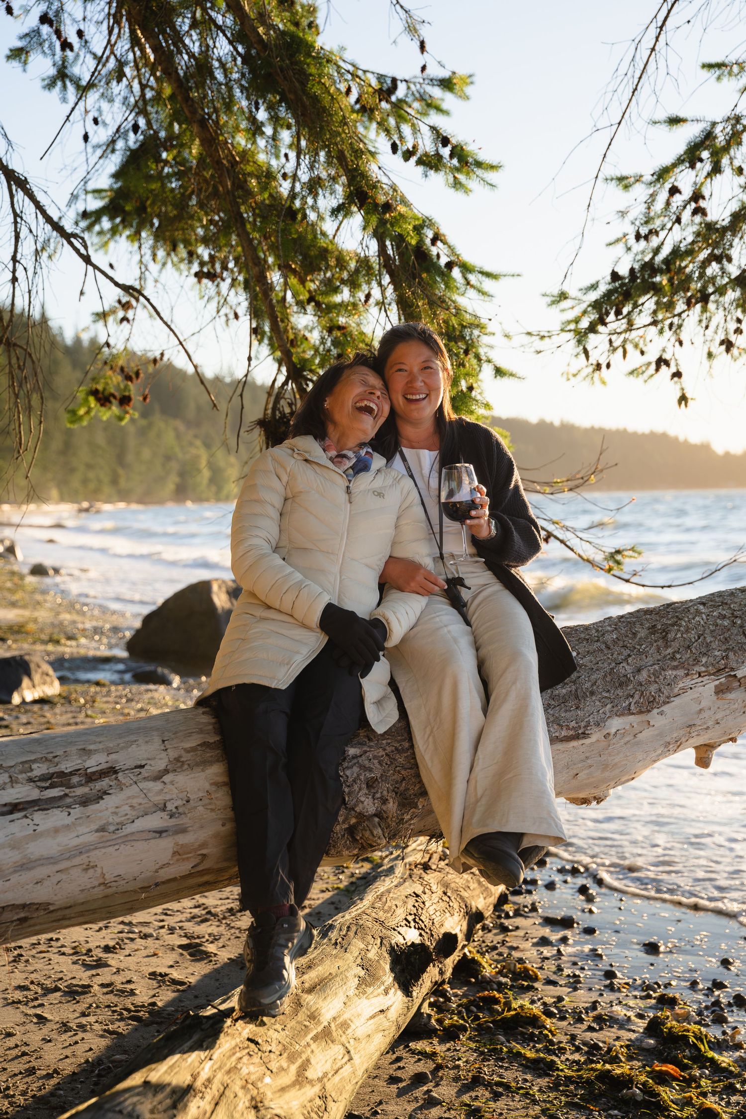 Two women laughing together sitting on driftwood log at a sunny beach with ocean and evergreen trees.