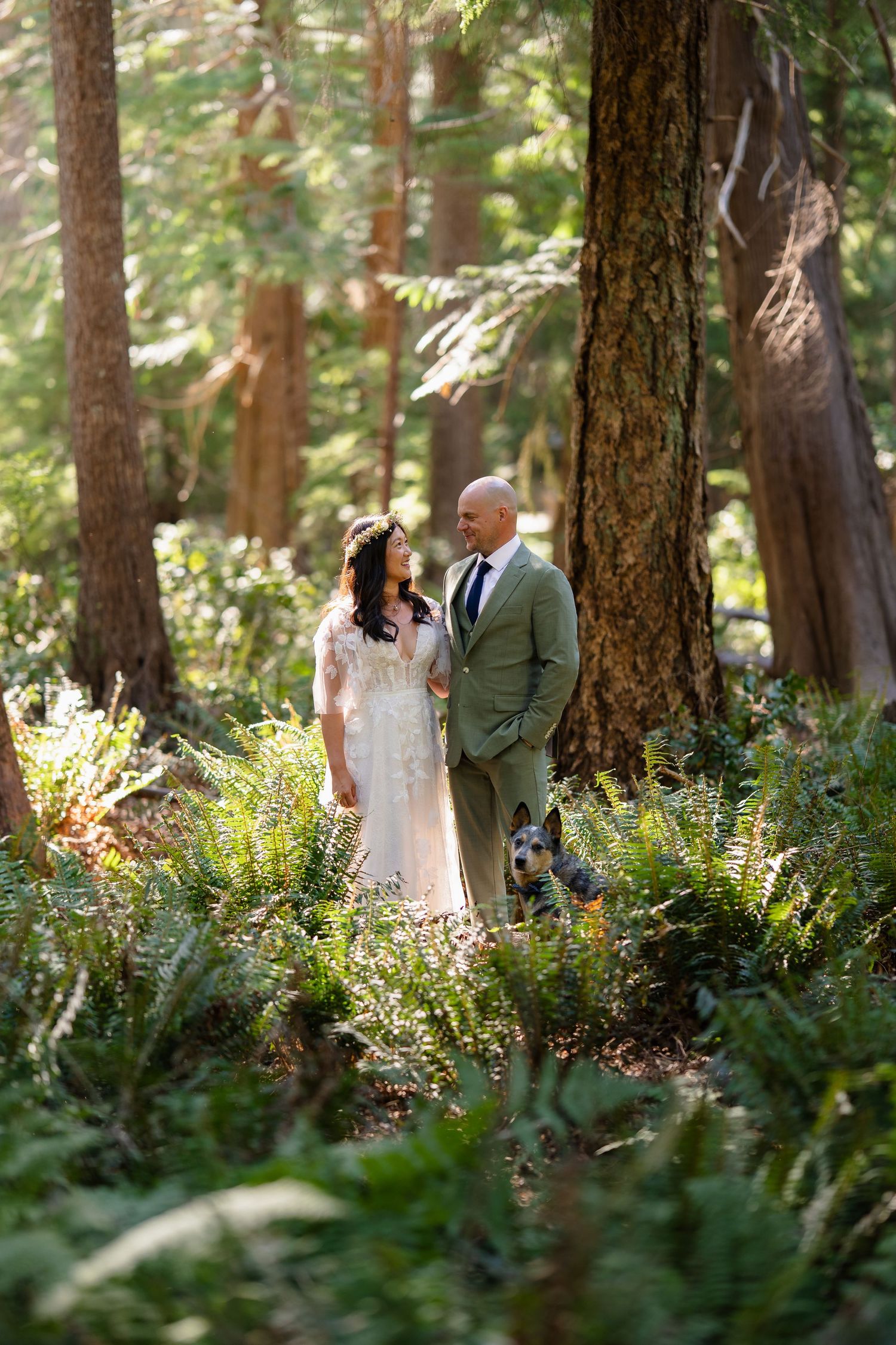 Bride and groom stand among lush forest ferns, sharing an intimate moment in dappled sunlight during their woodland wedding.