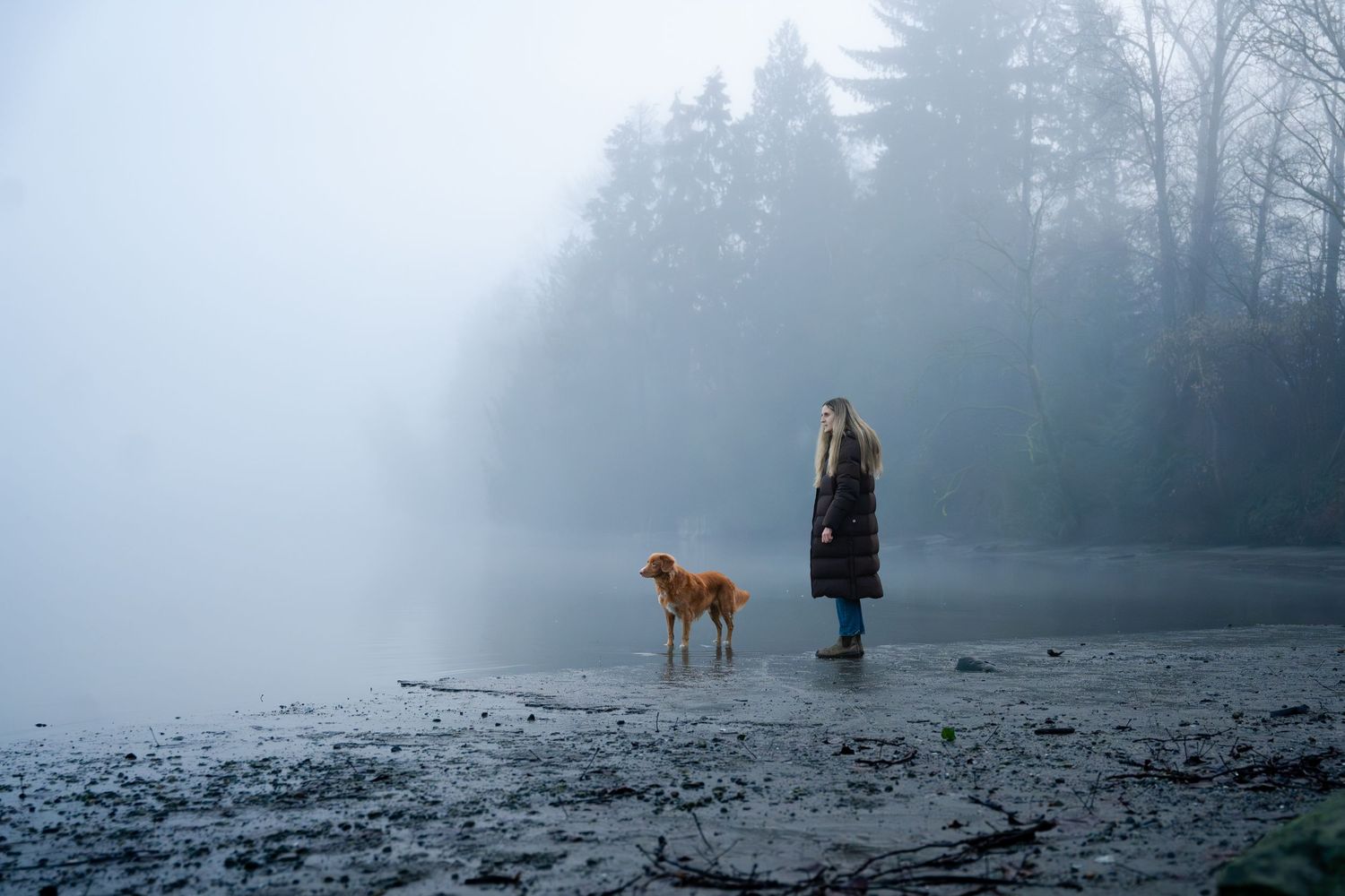 A woman stands with her golden dog on a misty shoreline surrounded by fog and dark evergreen trees.