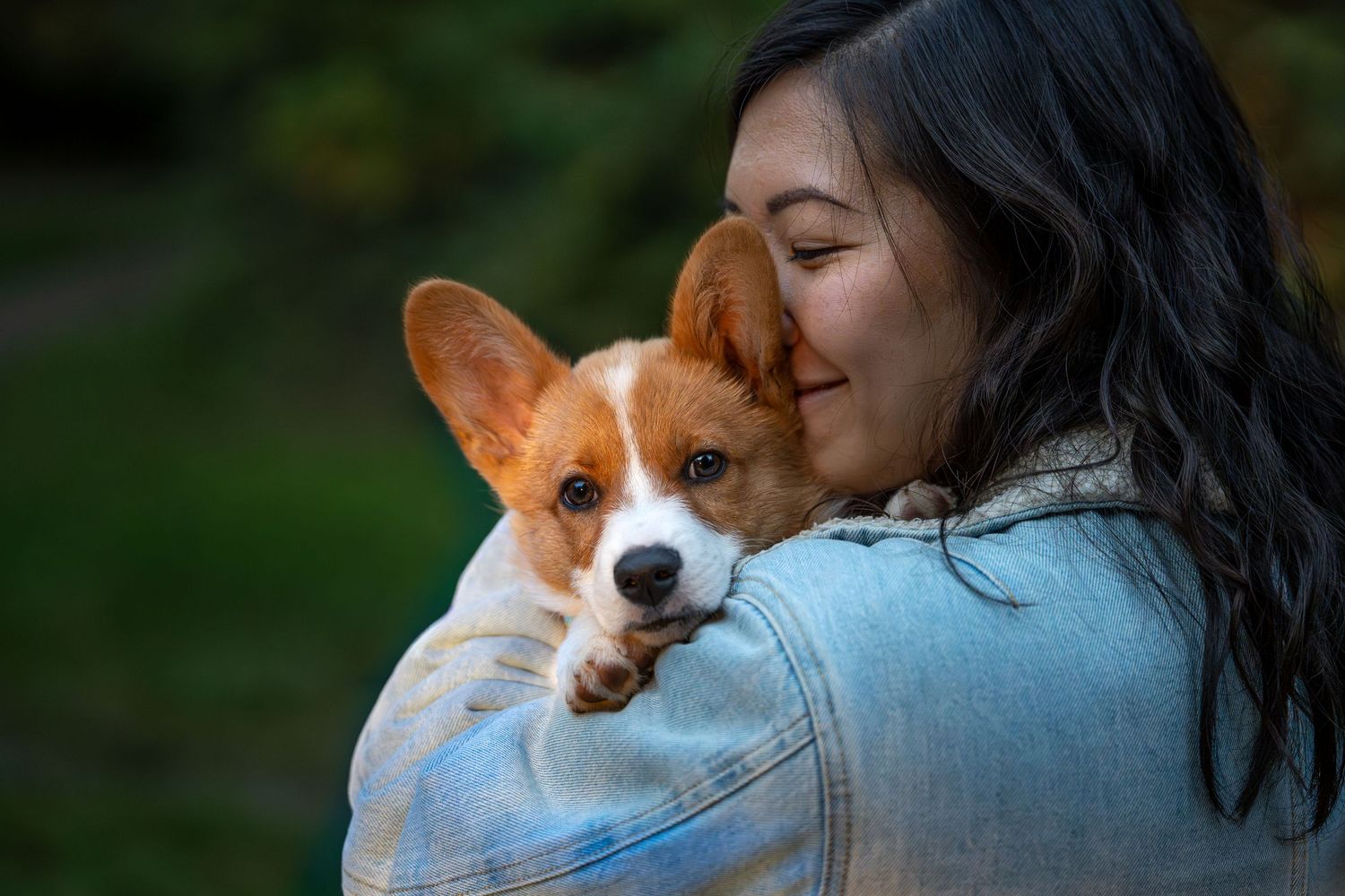 Young Asian woman holding and cuddling an adorable Corgi puppy outdoors in a green park setting.