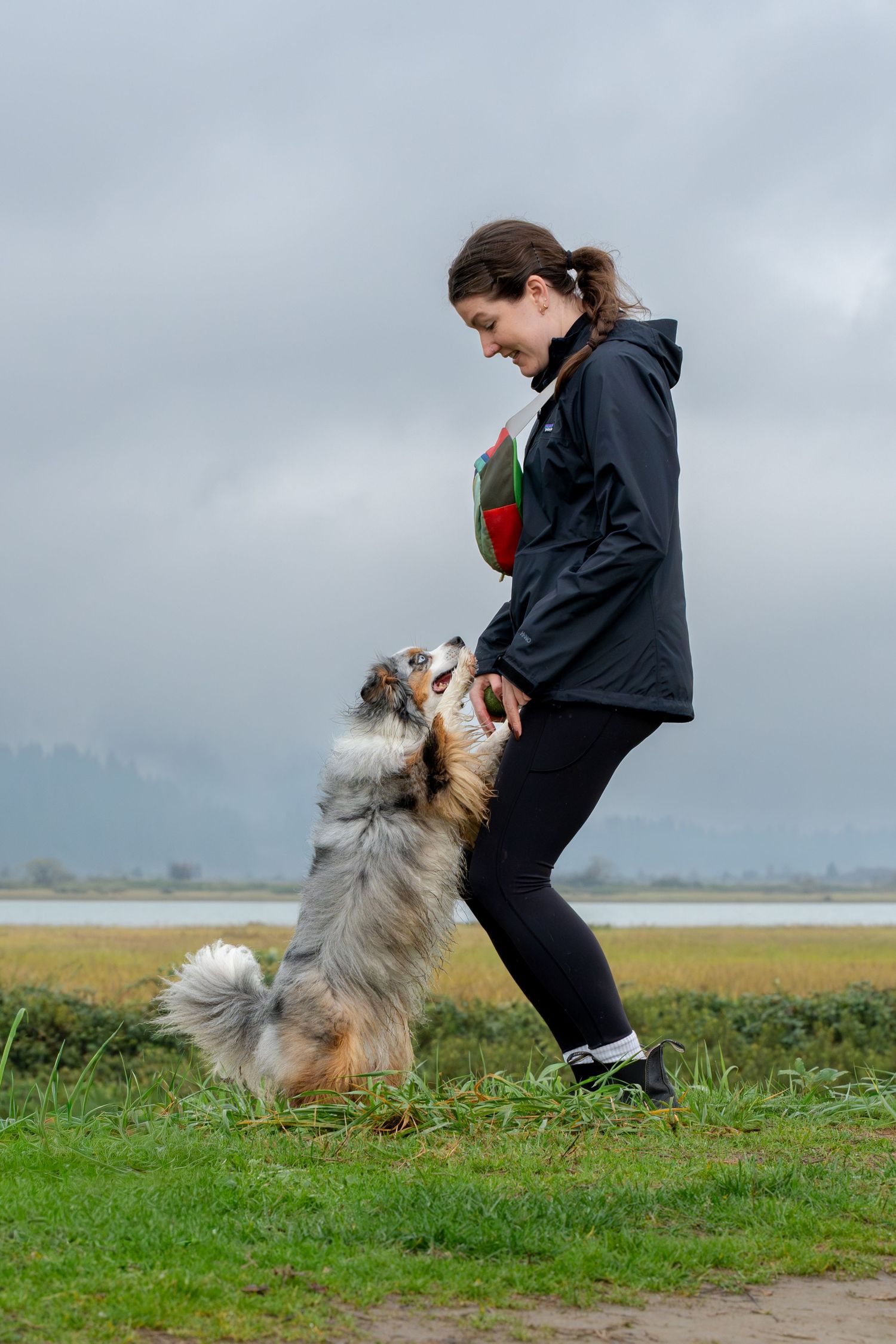 Woman in black jacket playing with her Australian Shepherd dog outdoors near a lake on a cloudy day.