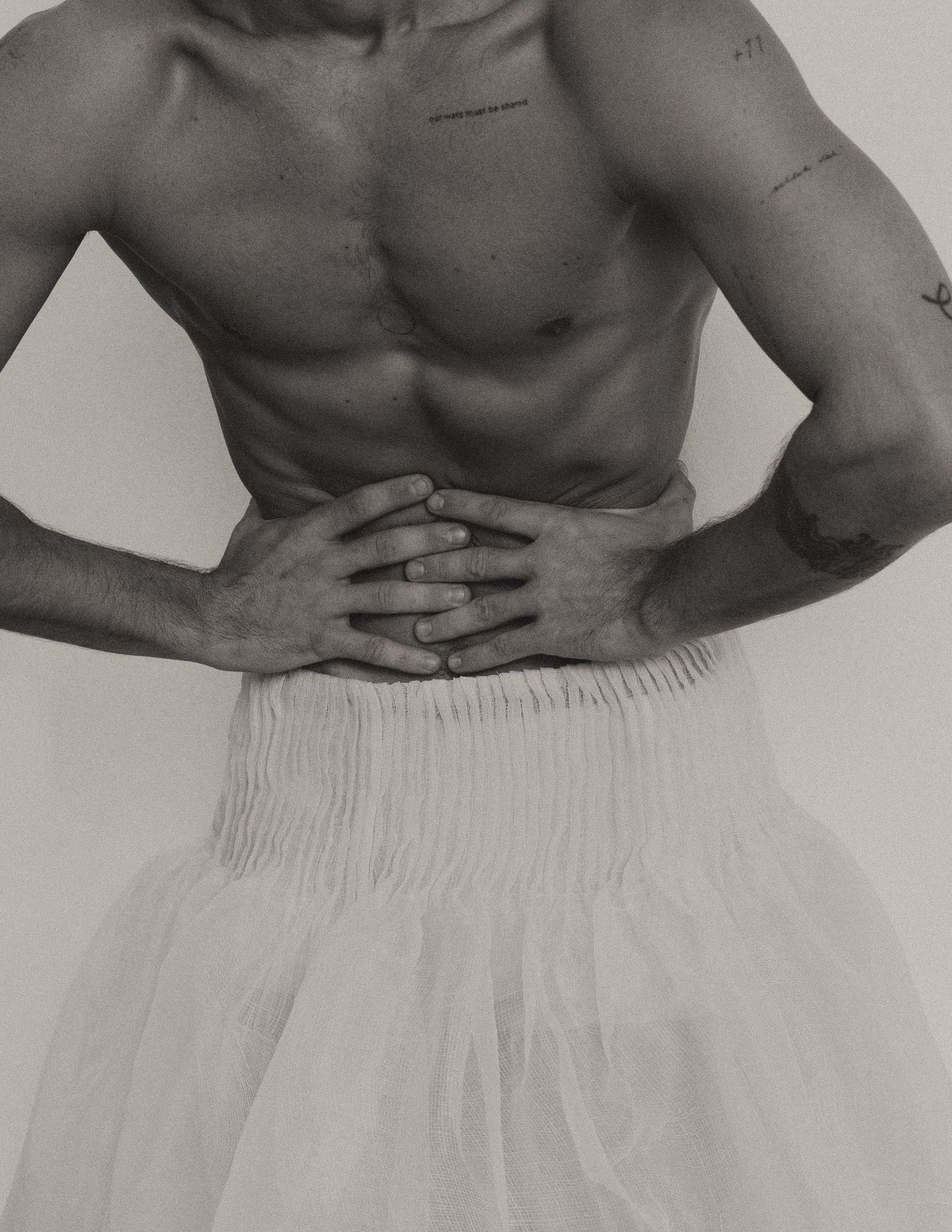 A series of black and white photographs showing a shirtless torso with hands positioned in different poses against a light background.